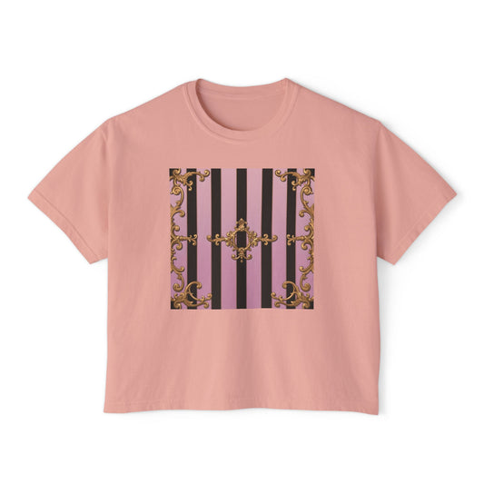 Chic Women's Boxy Tee, Vintage Striped Top, Trendy Short Sleeve Shirt, Casual Fashion T-Shirt - Matte Lavender & Black Striped Gold Baroque