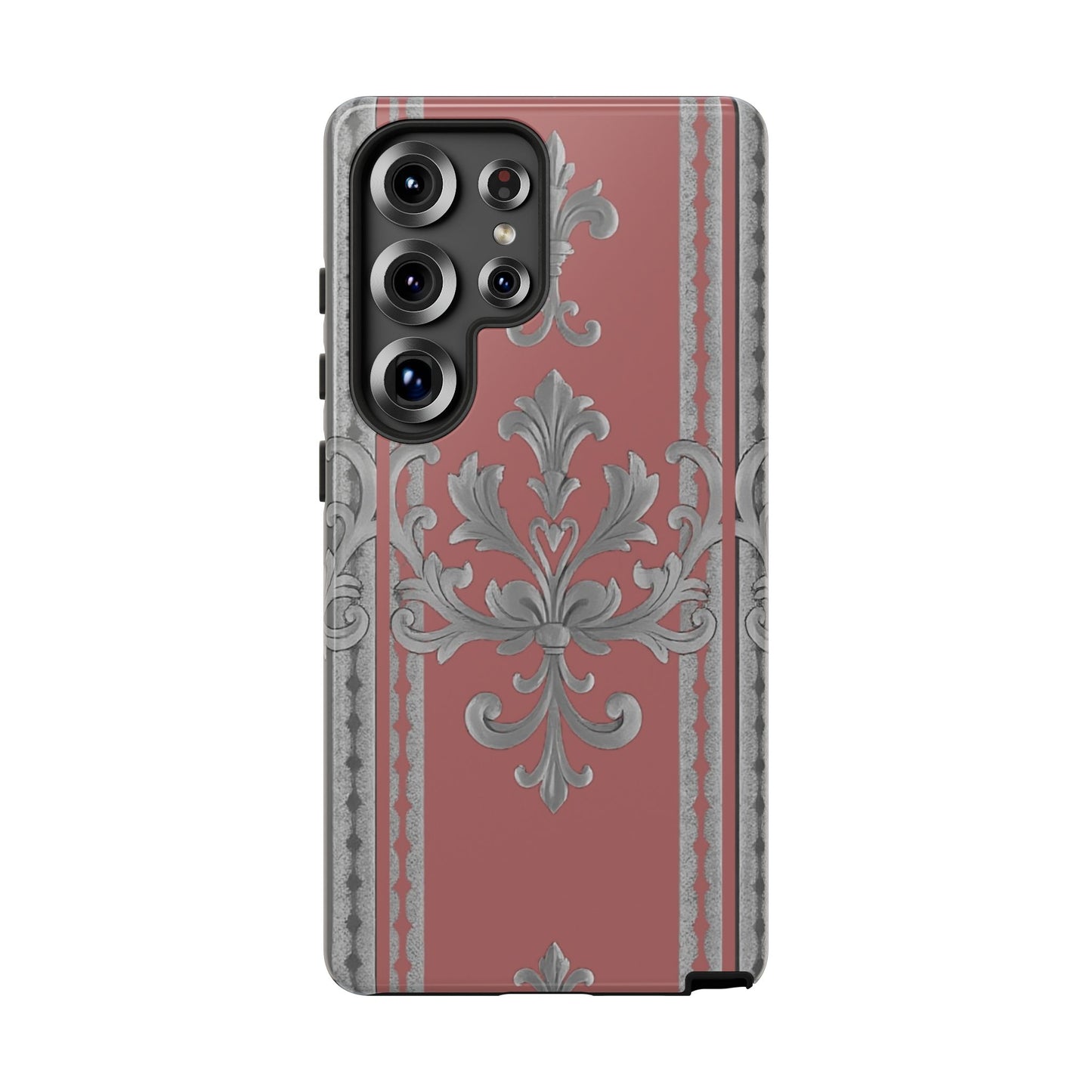 Elegant Floral Phone Case - Tough Cases for Stylish Protection - Gray & Mauve Striped Baroque