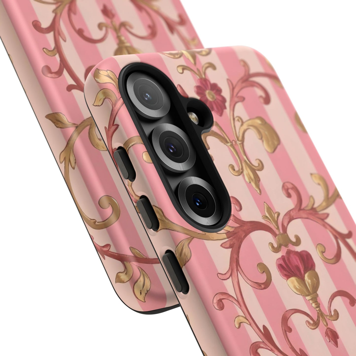 Elegant Floral Motif Phone Case - Tough Cases with Vintage Design - Pink Striped Rose Gold Damask