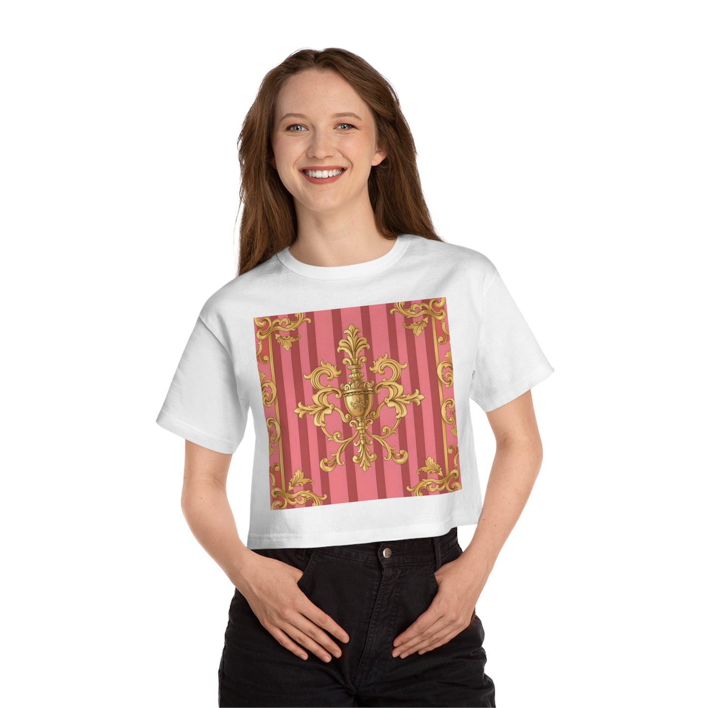 Chic Cropped T-Shirt, Elegant Fashion Top, Vintage Style Tee, Spring/Summer Casual Wear, Trendy Graphic Shirt - Pink Striped Gold Baroque