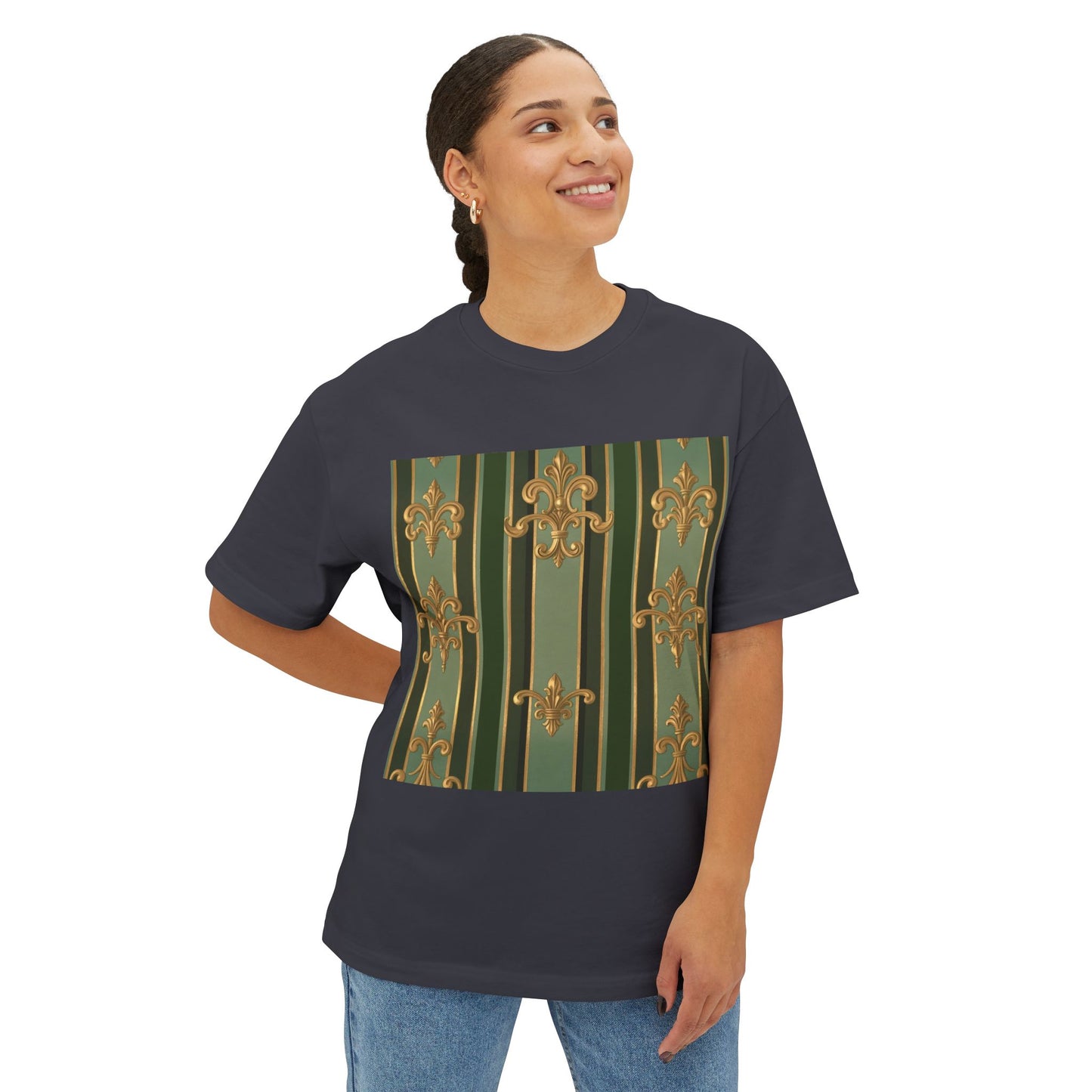 Elegant Vintage-Inspired Boxy Tee, Relaxed Fit Graphic T-Shirt, Floral Design Top, Perfect for Casual Outings - Green Striped Gold Baroque