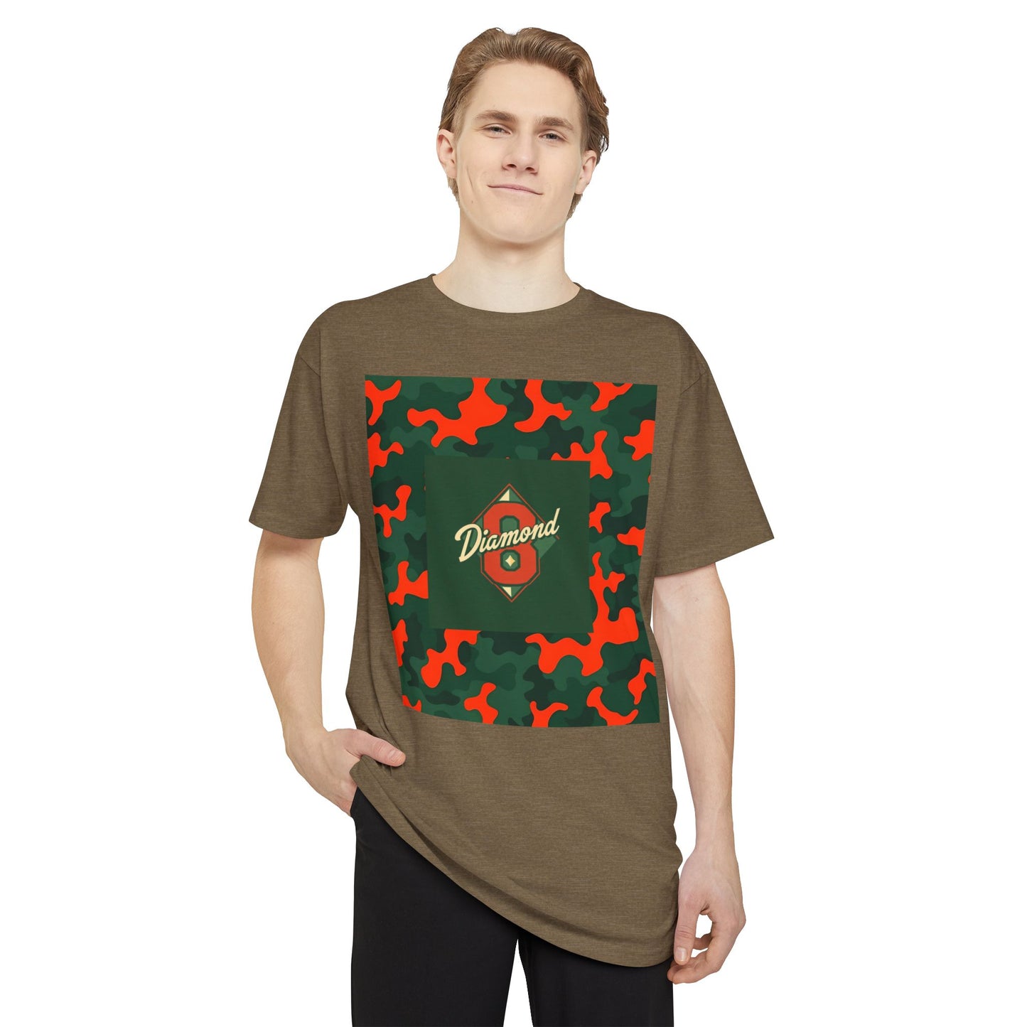 Urban Camo Long Body Tee, Trendy Streetwear, Summer Fashion Top, Unisex Casual Shirt, Gift for Him/Her - Green & Orange Camo Diamond 8