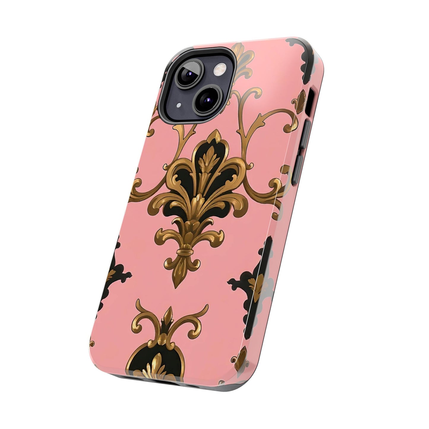 Chic Tough Phone Cases with Floral Design, Elegant Phone Cover, Durable Smartphone Case, Stylish Tech Accessory - Pink, Black & Gold Rococo