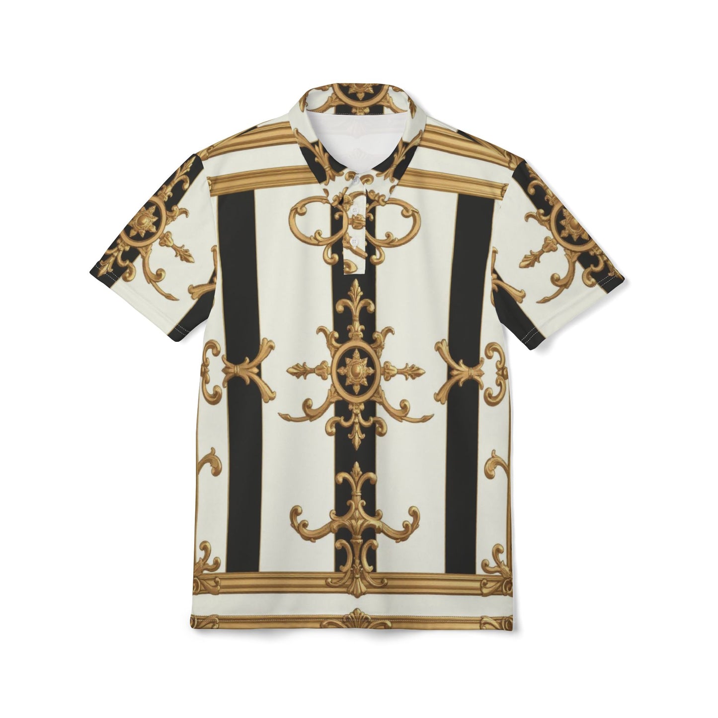 Elegant Unisex Polo Shirt | Fashion Tee | Stylish Summer Wear | Casual Chic | Unique Gift | Versatile Outfit - Black & White Striped Gold Baroque