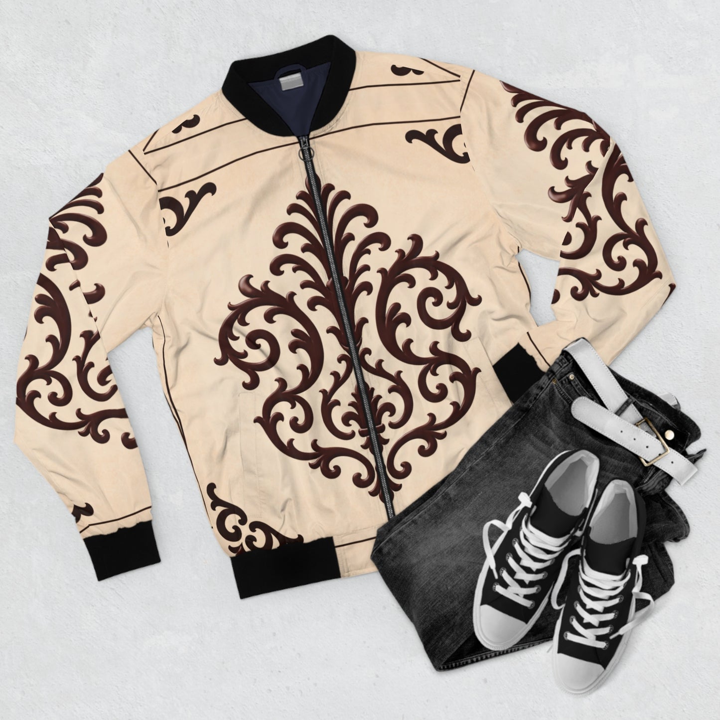 Almond-Beige & Brown Baroque Ornate Bomber Jacket