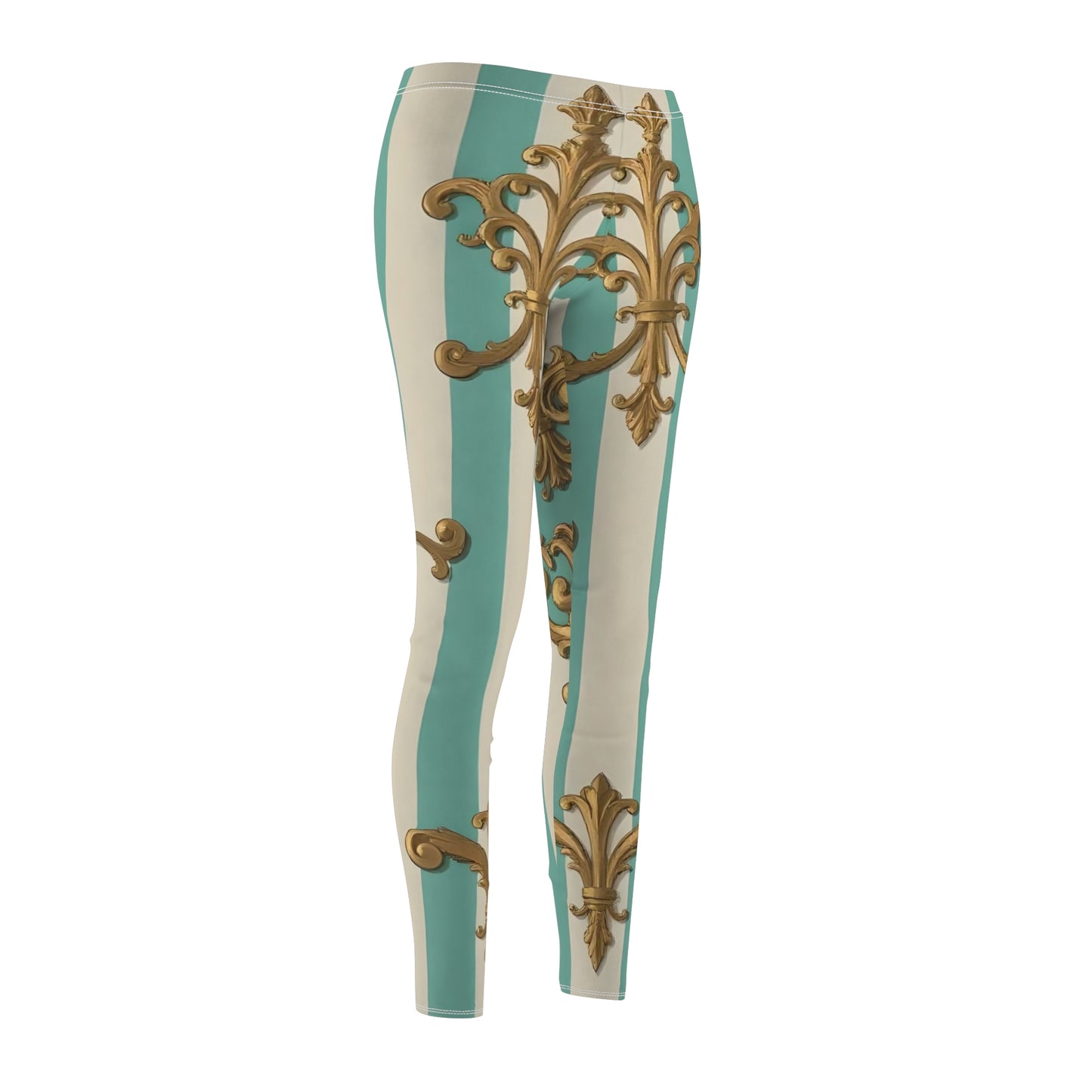 Elegant Boho Style Women's Leggings, Casual Activewear, Artful Printed Yoga Pants - Matte Green Striped Rococo