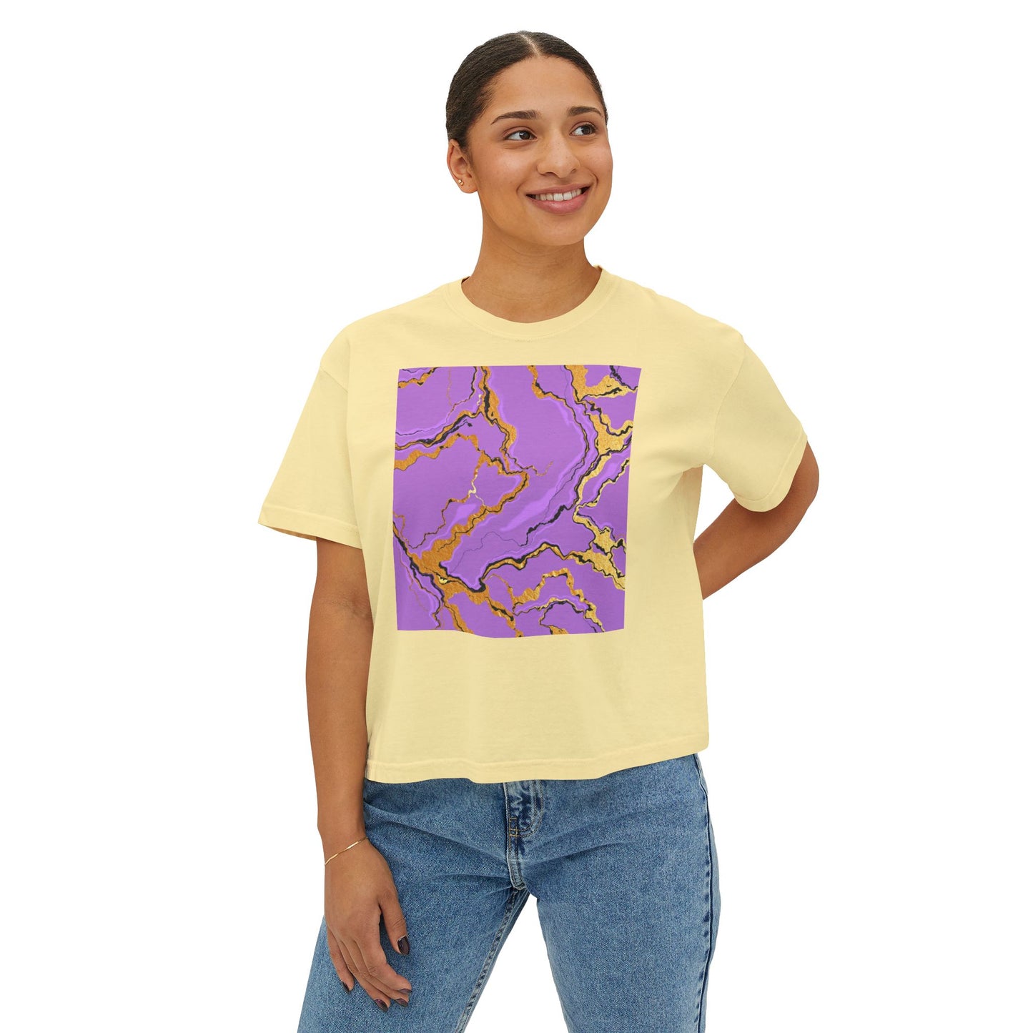 Chic Women's Boxy Tee with Purple Marble Design, Casual Top, Summer Fashion, Gift for Her, Trendy Graphic Tee