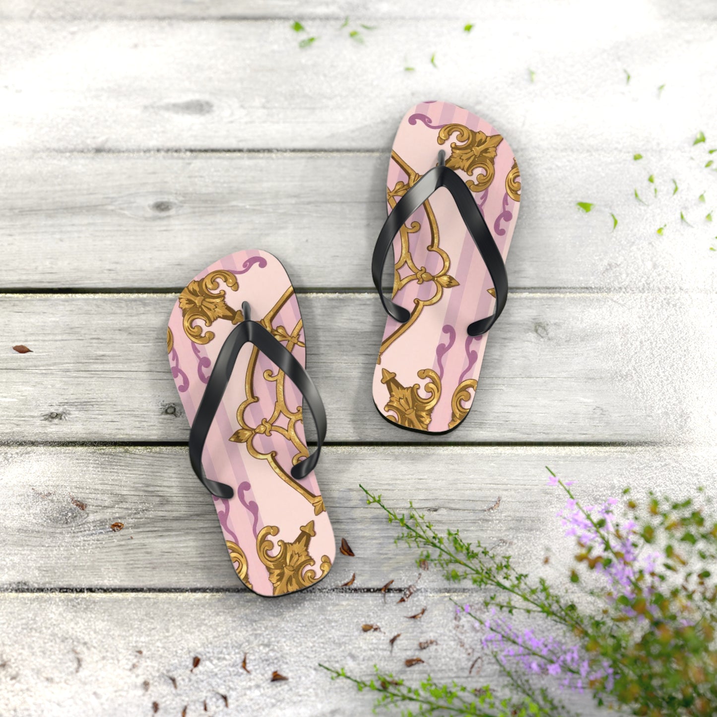 Elegant Lavender & Alabaster Striped Gold Baroque Flip Flops - Perfect for Summer Days, Beach Trips, Pool Parties, Vacation, and Relaxing at Home