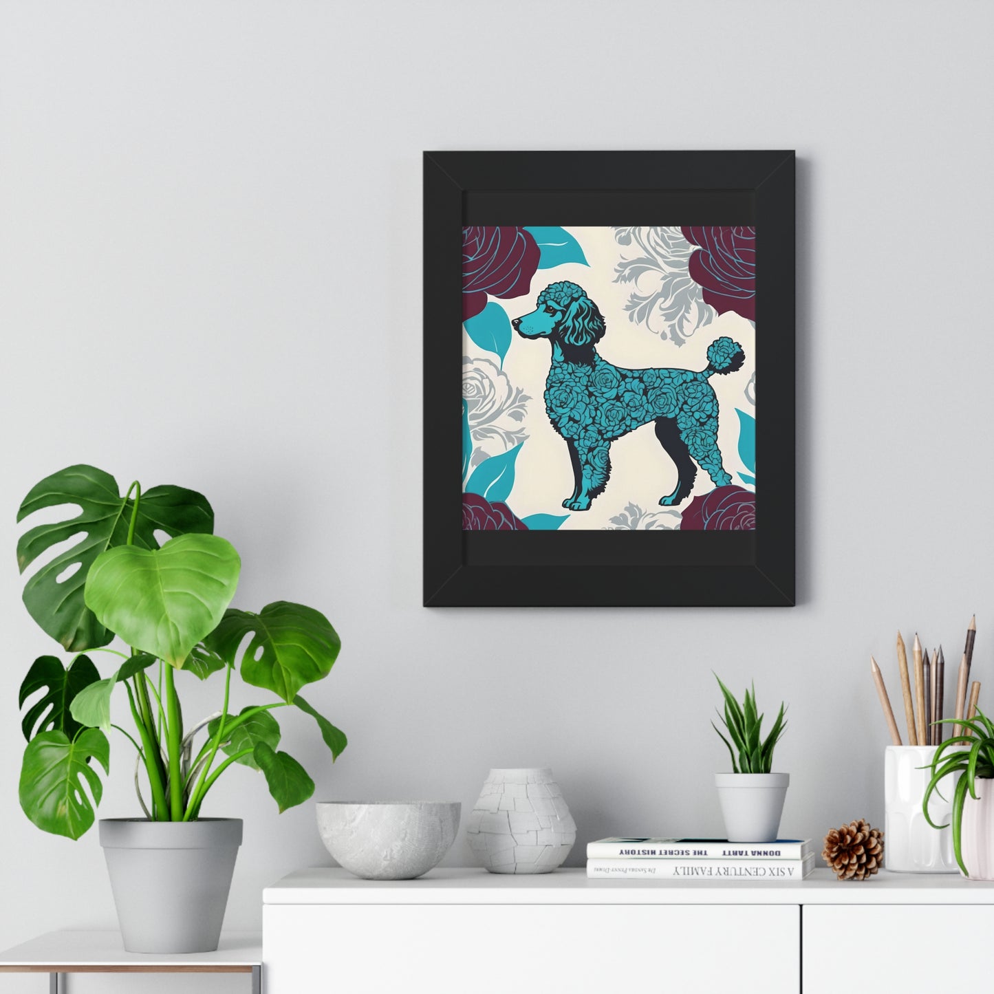 Vertical Poster - Stylish Framed - Art for Home Decor - Rose Inspired Turquoise Poodle With Burgundy Roses