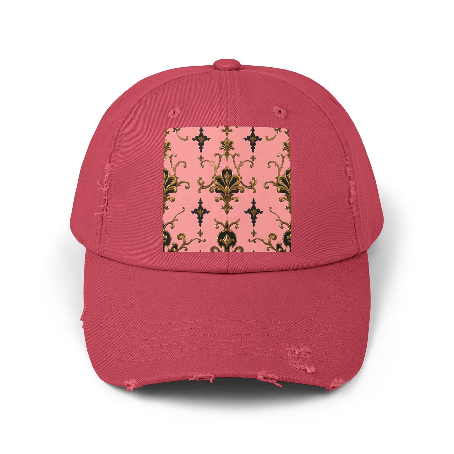 Chic Distressed Cap, Fashionable Baseball Hat, Casual Summer Headwear - Pink, Black & Gold Rococo
