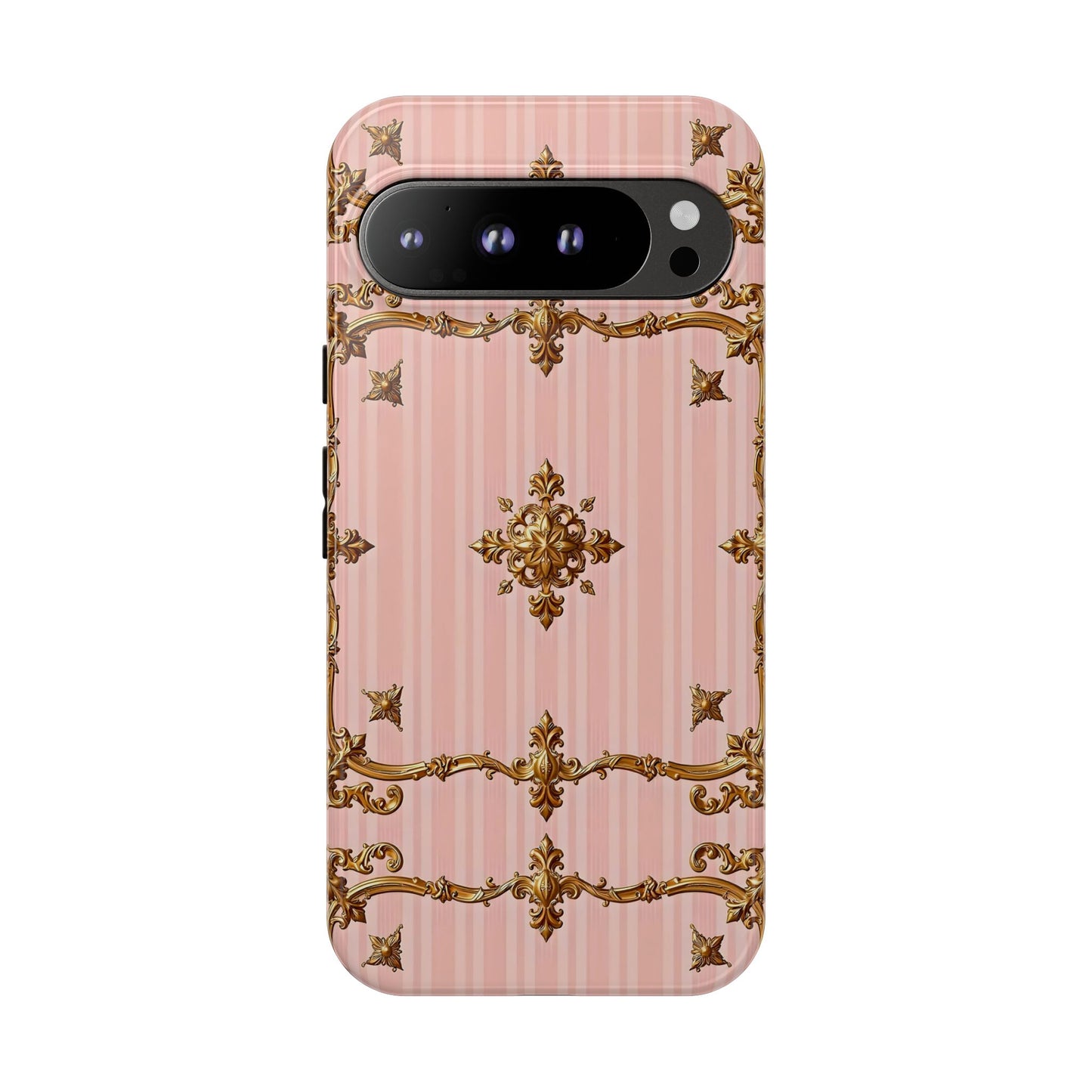 Elegant Floral Phone Case, Tough Cases for Women, Trendy Phone Cover, Chic Gift - Pink Striped Gold Baroque