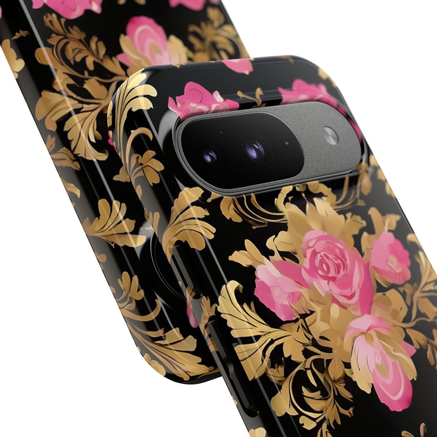 Elegant Floral Motif Phone Case - Tough Cases with Vintage Design - Pink & Gold Roses