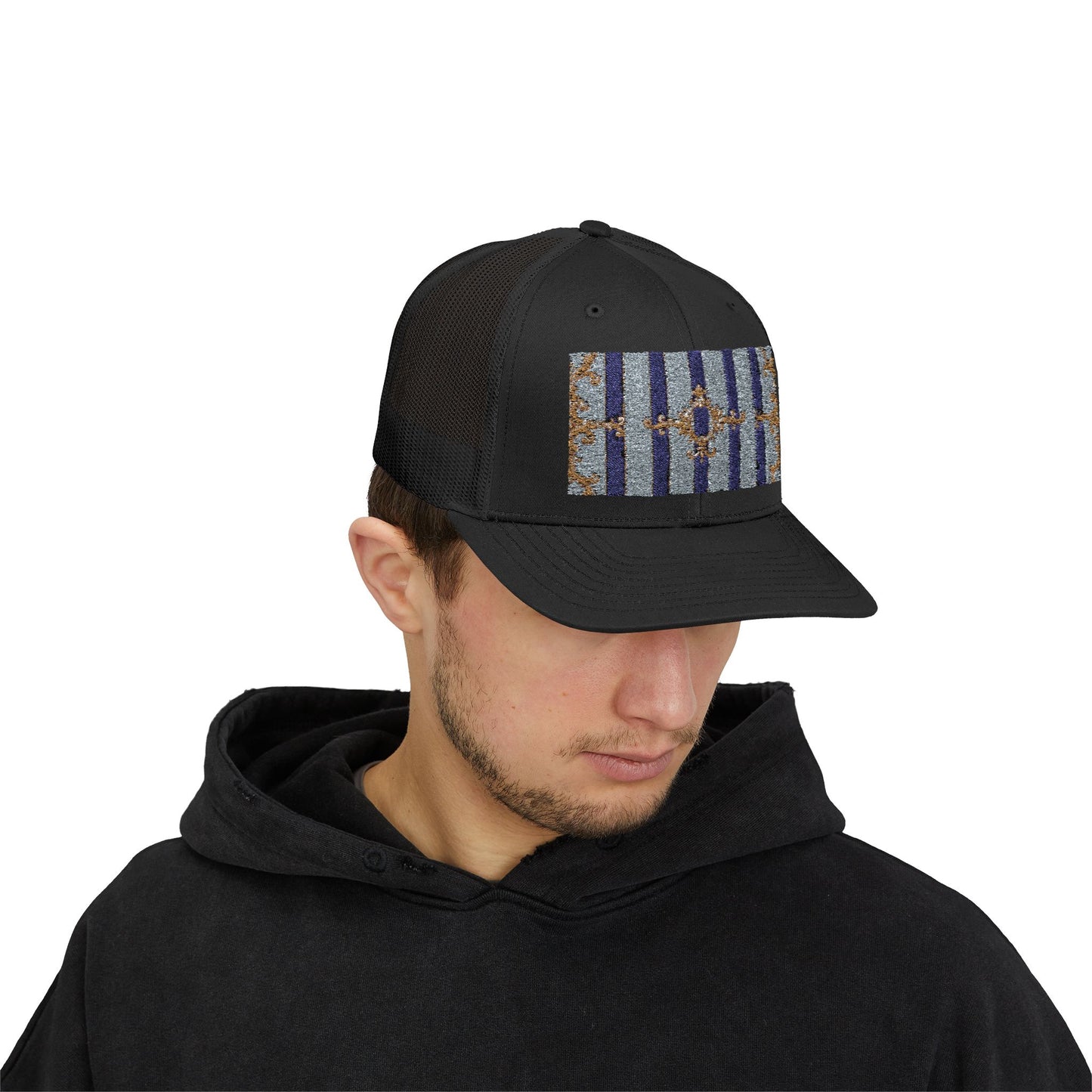 Stylish Snapback Trucker Cap with Vibrant Pattern, Trendy Hat for Outdoor Adventures, Casual Wear - Striped Gold Baroque