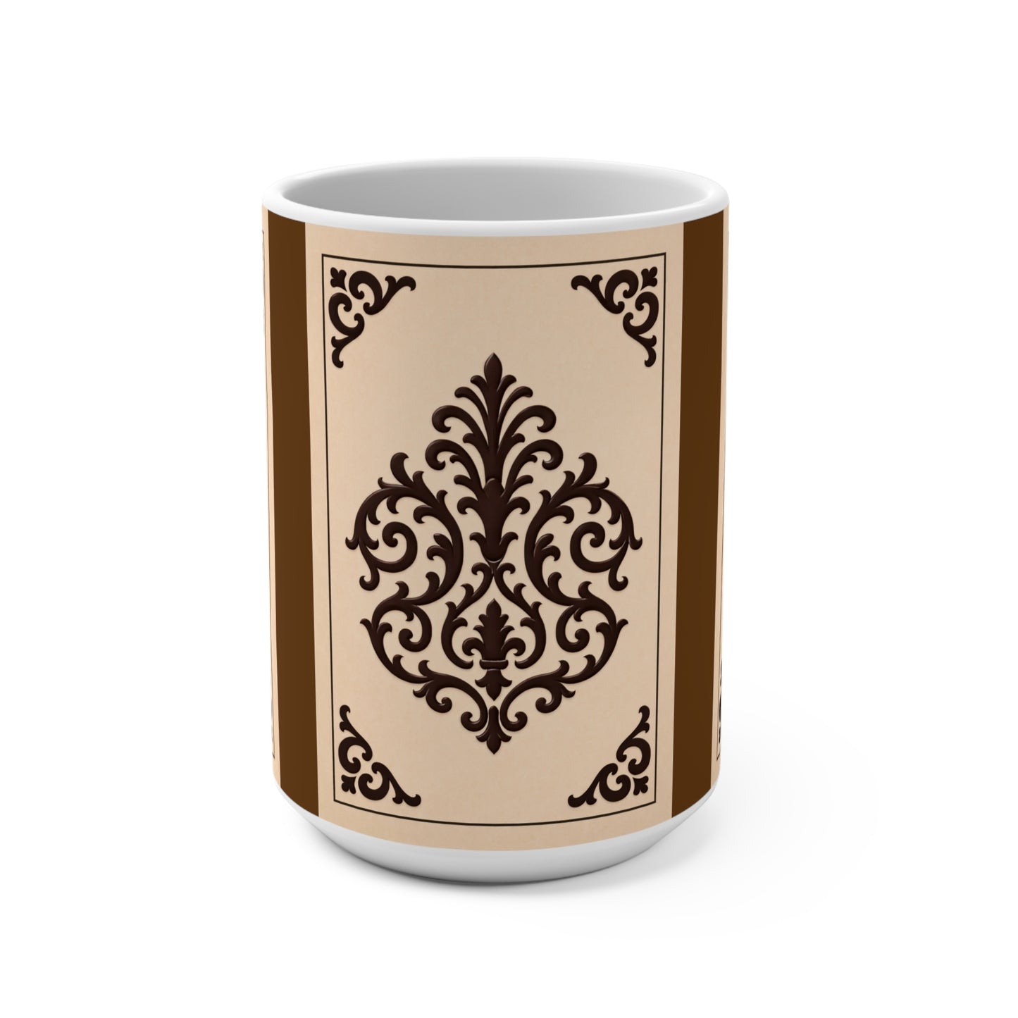 Almond-Beige & Brown Baroque 15oz Mug — Classic Brown Vintage Baroque Coffee Cup - White