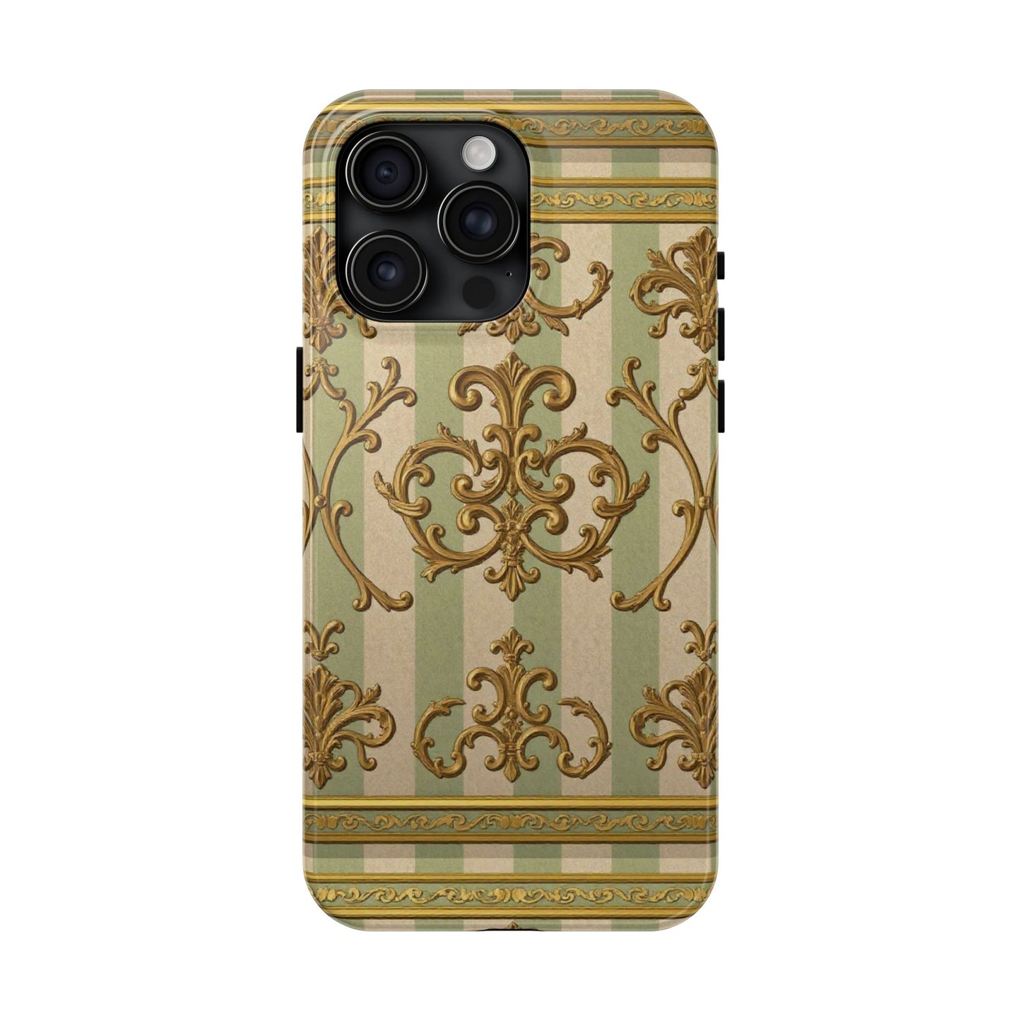 Vintage Elegance Phone Case, Tough Phone Cases for Style, Gift for Birthdays, Stylish Protection - Mint Green & Beige Striped Gold Baroque