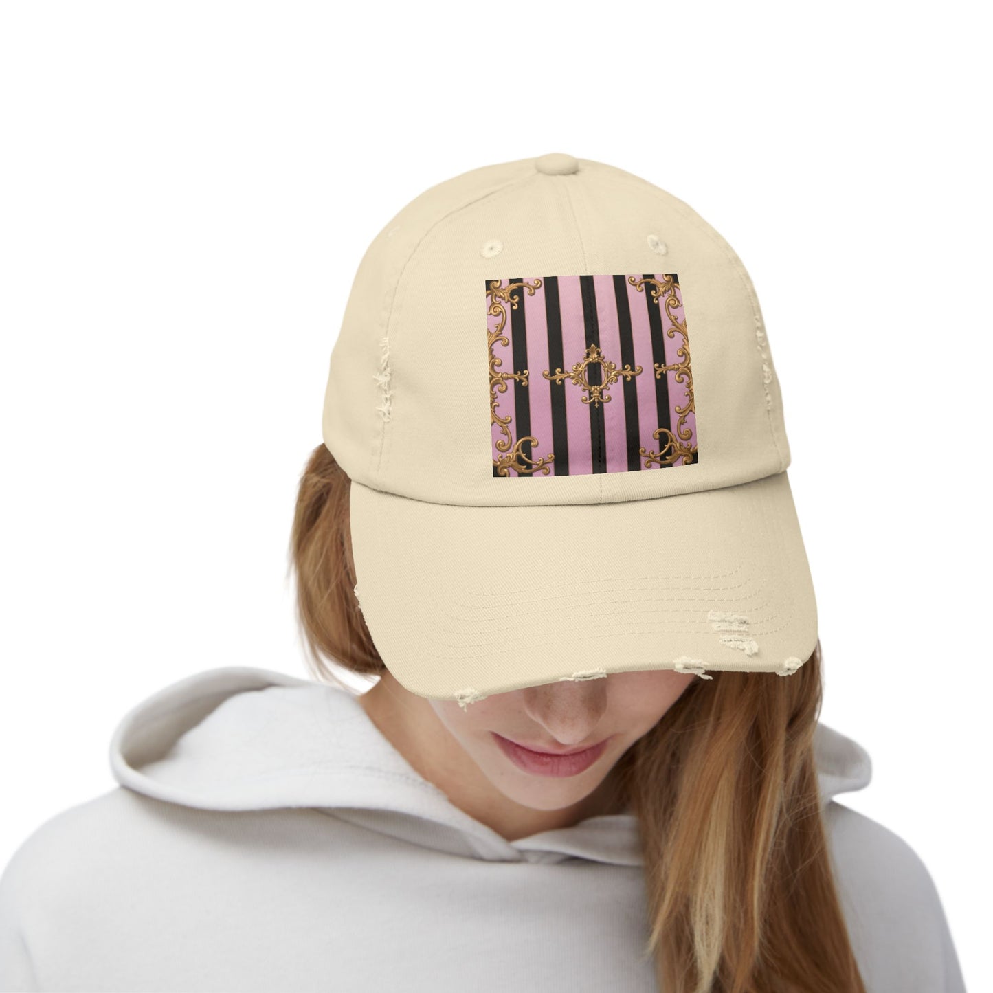Chic Distressed Cap, Trendy Fashion Accessory, Summer Style Hat, Unique Gift for Her - Matte Lavender & Black Striped Gold Baroque