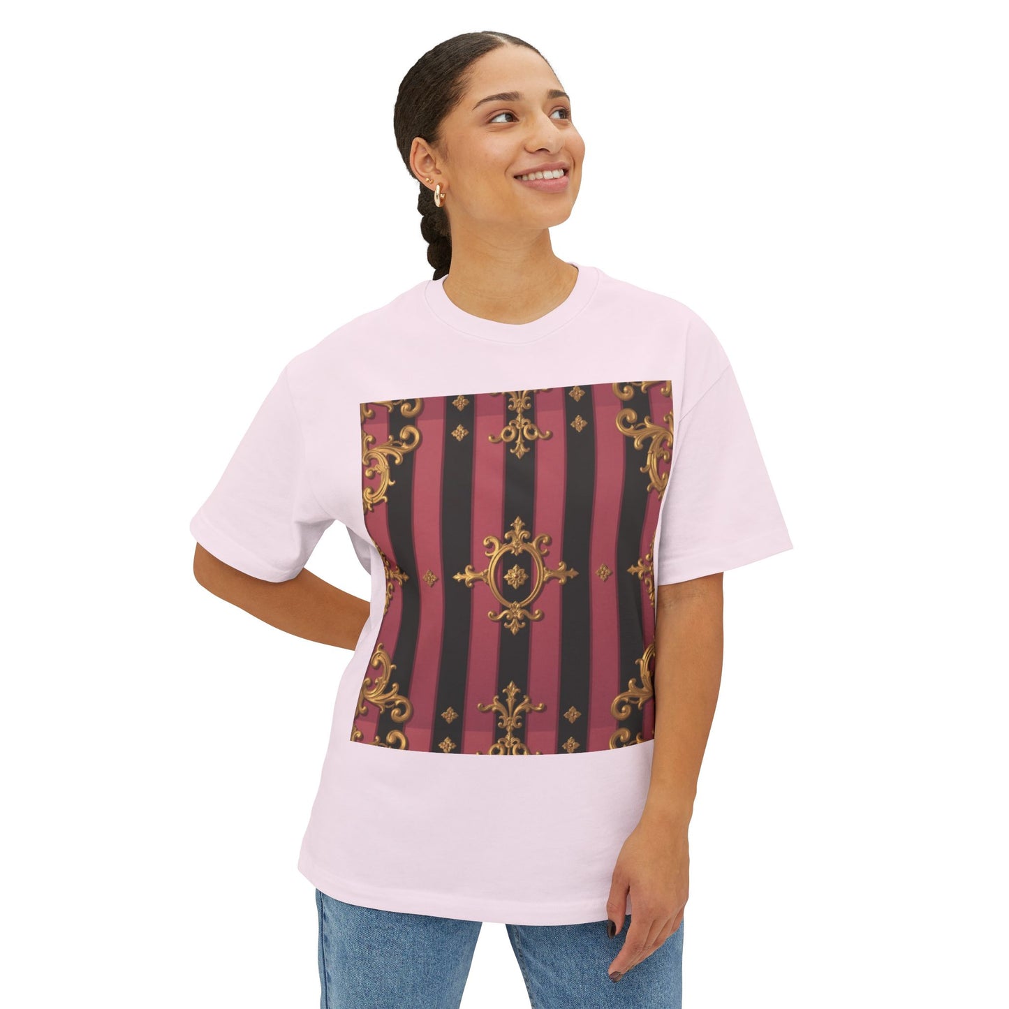 Stylish Black & Mauve Striped Gold Baroque Oversized Tee - Chic Statement Top, Casual Fashion, Perfect for Festivals