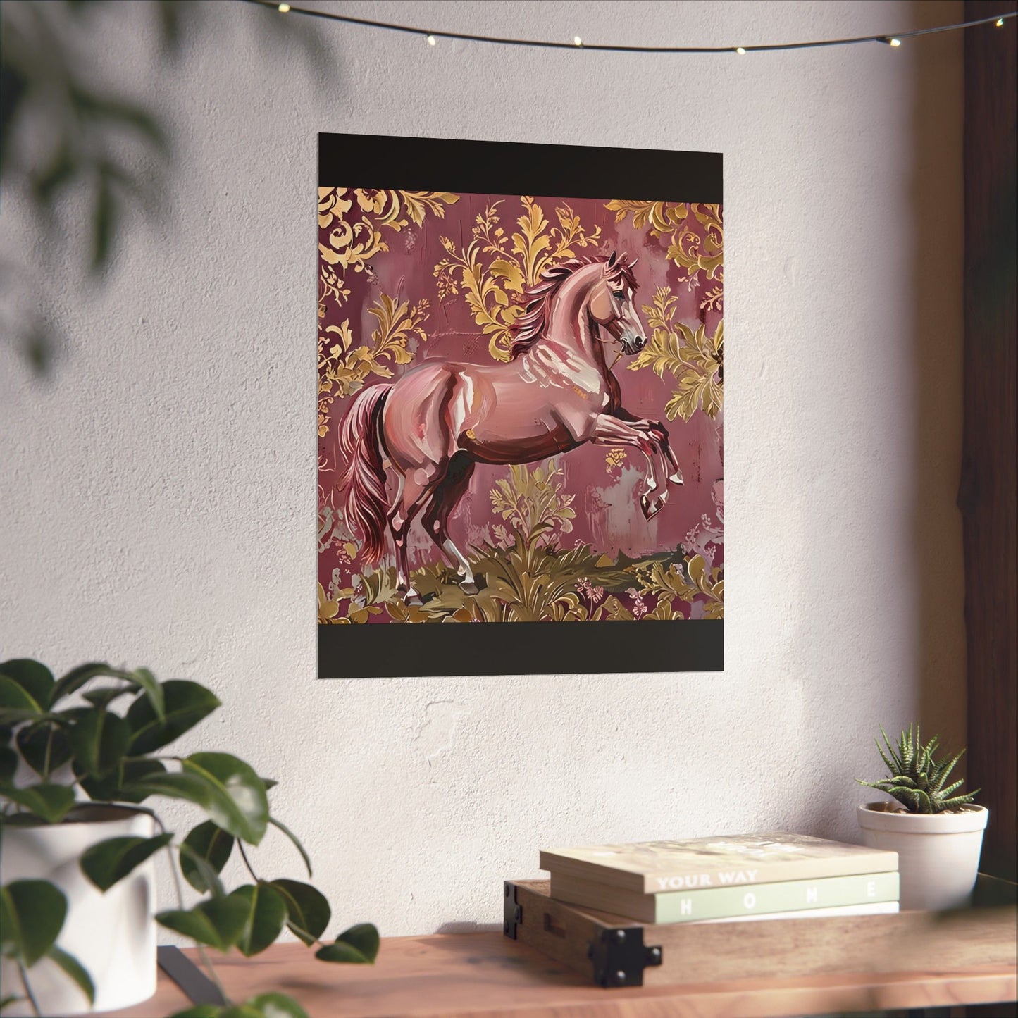 Floral Motif Art Poster - Elegant Matte Vertical Wall Decor - Mauve Horse & Gold Damask