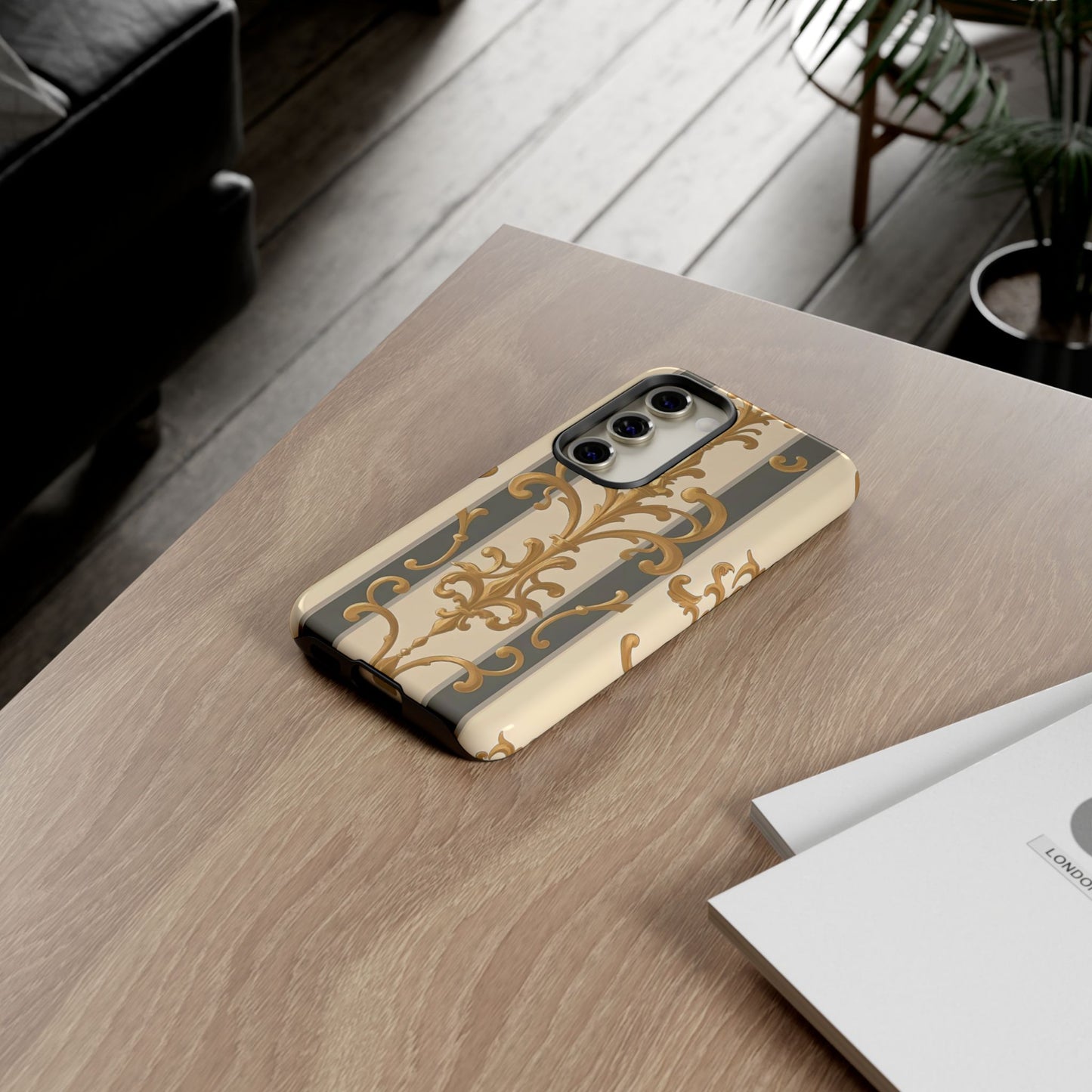 Elegant Floral Motif Phone Case - Tough Cases with Vintage Design - Dusk Olive Striped Gold Damask