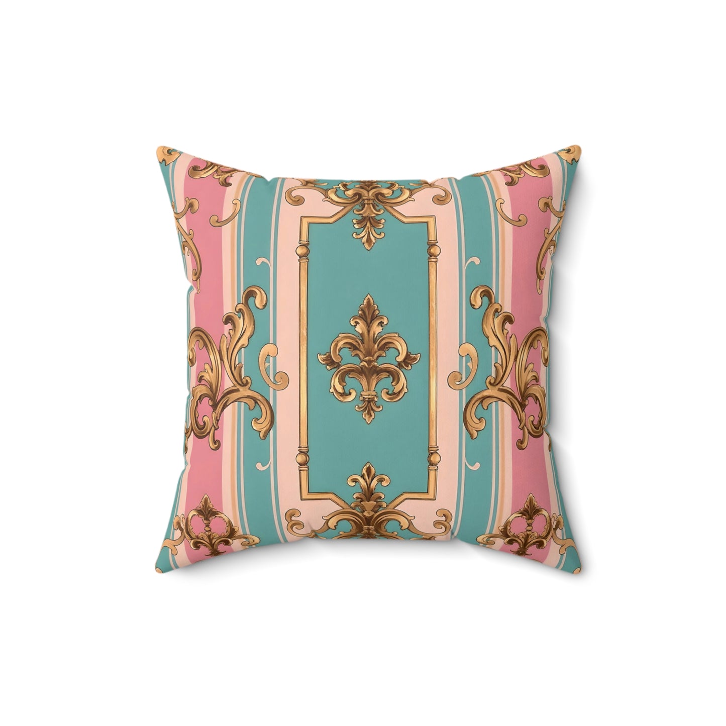 Elegant Faux Suede Square Pillow in Pastel Colors, Decorative Throw Pillow - Pink & Matte Turquoise Striped Rococo