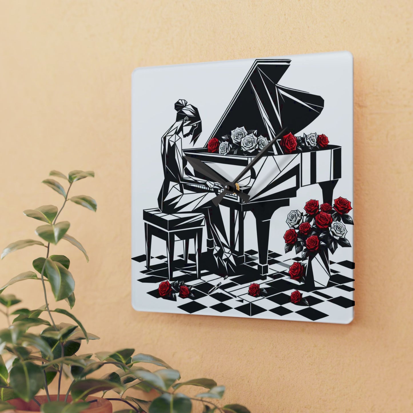 Elegant Piano and Roses Acrylic Wall Clock - Modern Home Decor