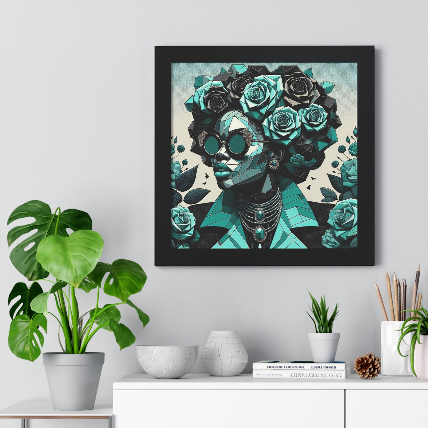 Framed Art Poster, Bohemian Home Decor, Wall Art for Living Room, Gift for Art Lovers, Unique Framed Wall Decor - Turquoise & Black Roses Lady