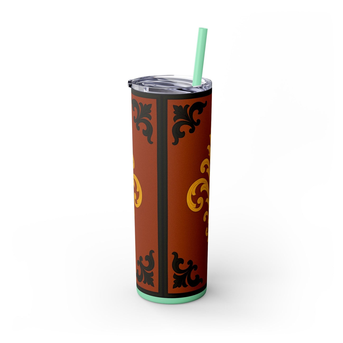 Dusk Terracotta Baroque 20oz Skinny Tumbler with Straw — Vintage Gold Baroque Design
