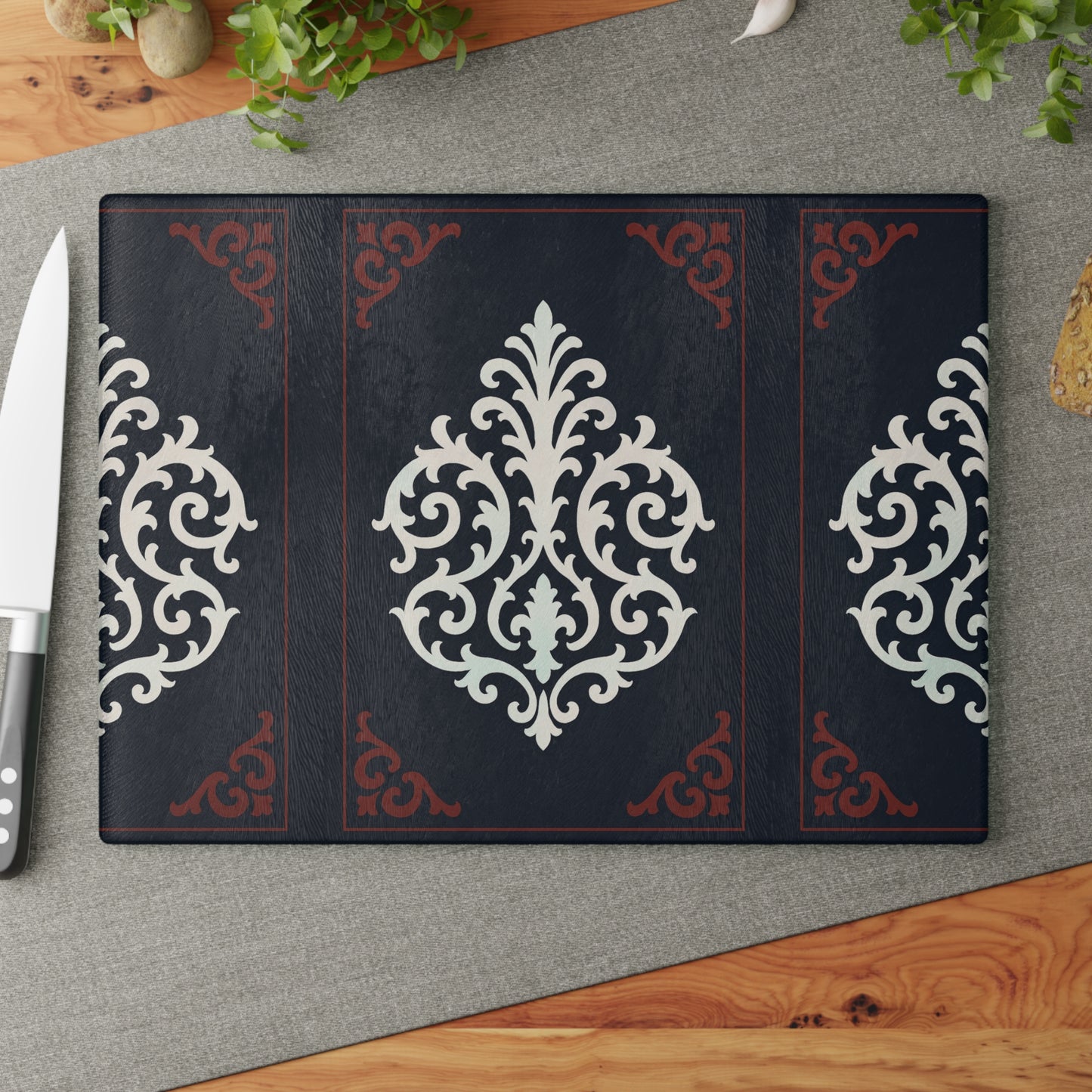 Dusk Blue-Maroon & White Baroque Glass Cutting Board – Elegant Blue & White Kitchen Trivet