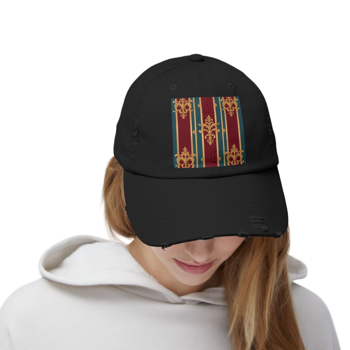 Stylish Unisex Distressed Cap with Vintage Striped Design, Casual Wear, Outdoor Activities, Gift for Him/Her - Burgundy Striped Gold Baroque