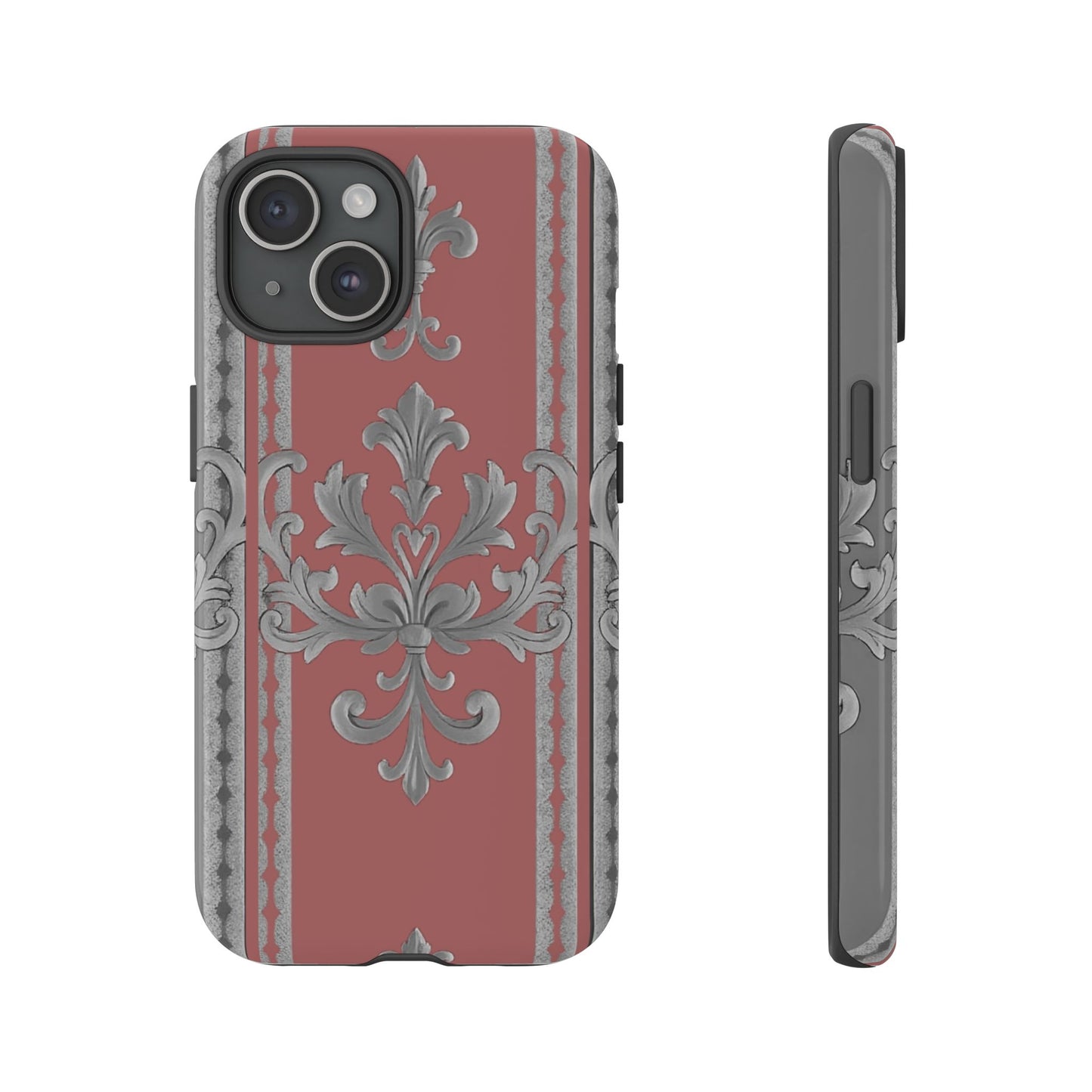 Elegant Floral Phone Case - Tough Cases for Stylish Protection - Gray & Mauve Striped Baroque
