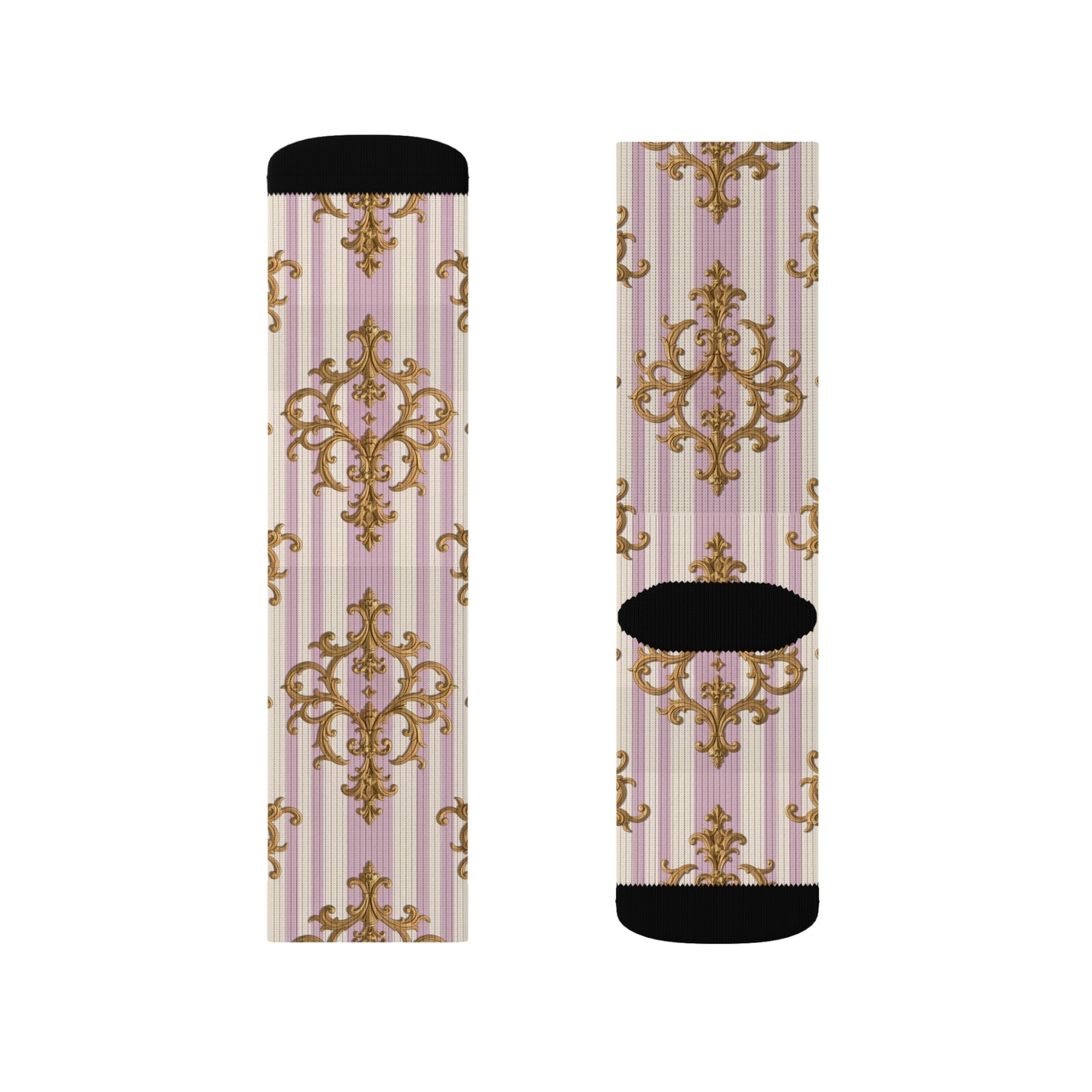 Elegant Vintage-Themed Sublimation Socks, Cozy Footwear, Comfortable Socks, Gifts for Her - Lilac & Alabaster Striped Gold Baroque