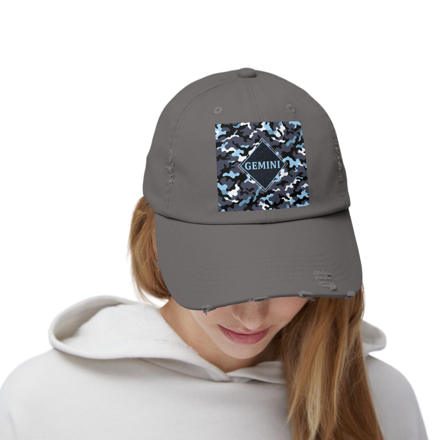 Gemini Distressed Cap - Unisex Camo Design - Black, Grey & Ice Blue