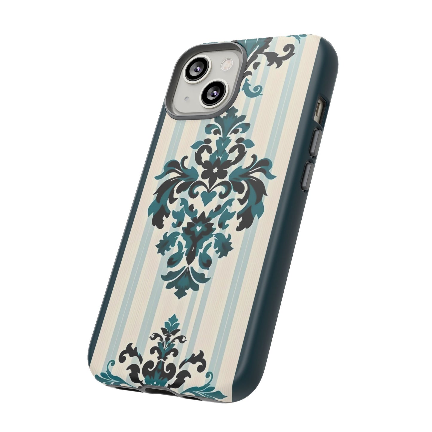 Elegant Floral Phone Case - Tough Cases with Vintage Design - Teal Striped Damask