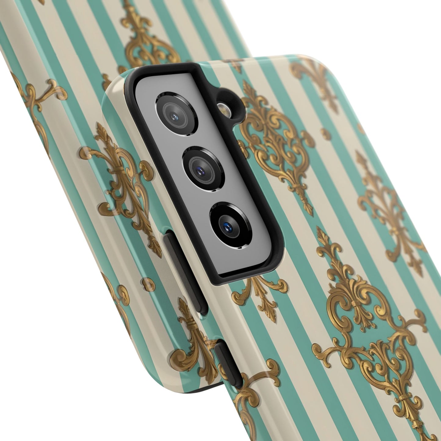 Elegant Striped Phone Case with Vintage Design, Tough Phone Cover, Stylish Smartphone Case - Matte Green Striped Rococo