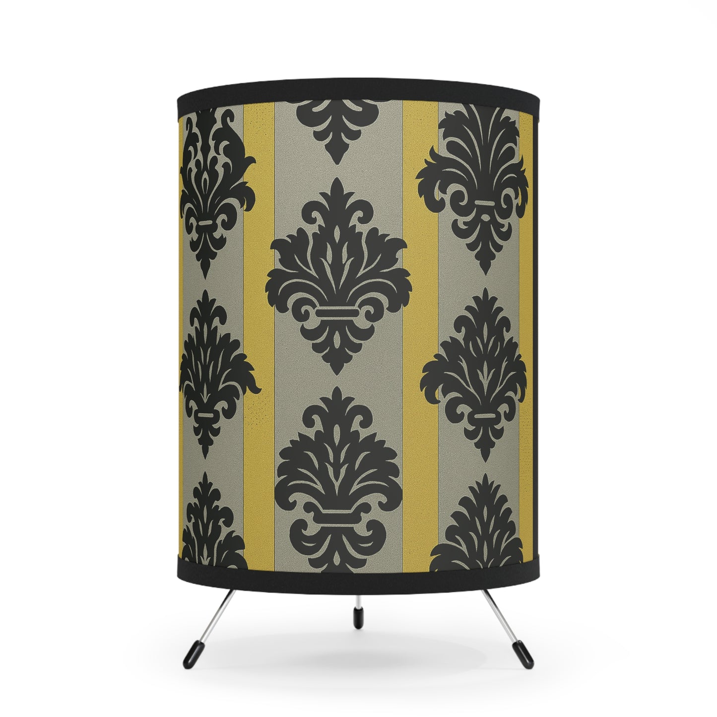 Elegant Tripod Lamp with High-Res Printed Damask Shade, Handmade Home Decor, Cozy Lighting - - Silver & Gold Striped Black Baroque