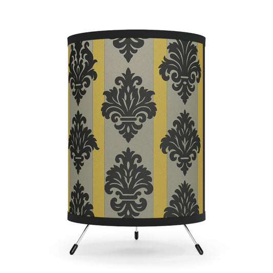 Elegant Tripod Lamp with High-Res Printed Damask Shade, Handmade Home Decor, Cozy Lighting - - Silver & Gold Striped Black Baroque