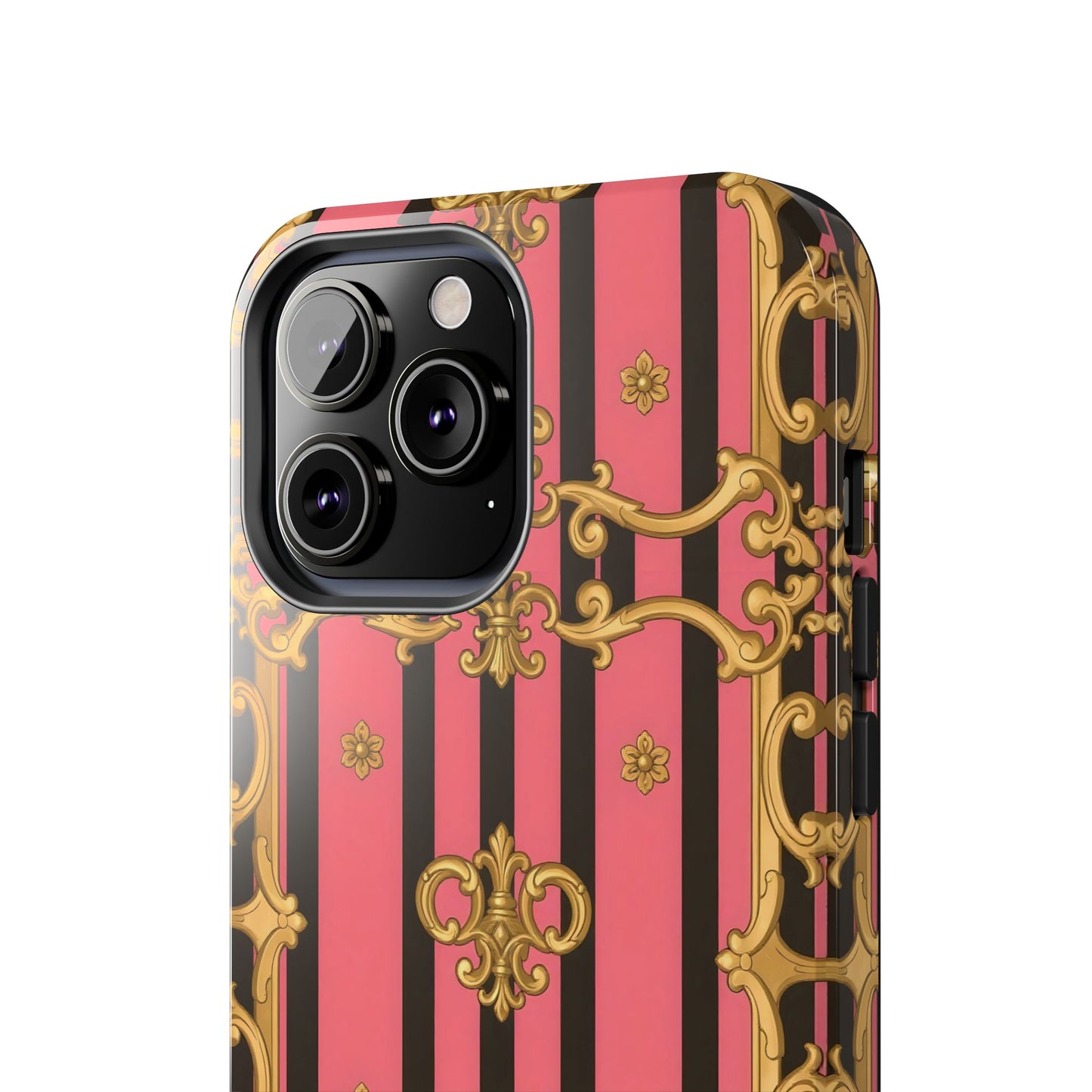 Elegant Baroque Tough Phone Cases, Stylish Protection, Gift for Her, Trendy Accessory - Pink & Black Striped Gold Baroque