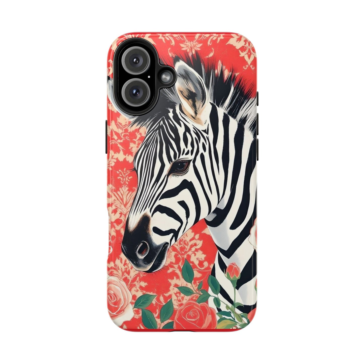 Zebra Tough Phone Case - Trendy Floral Design for Animal Lovers - Zebra With Coral Roses & Damask