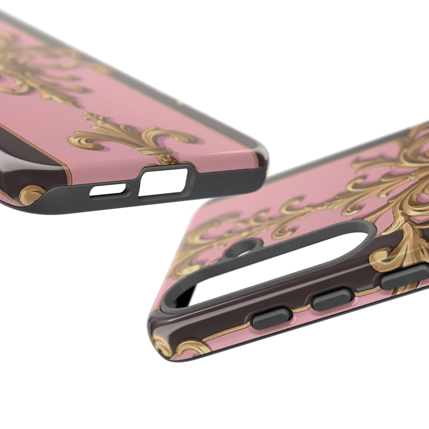 Elegant Floral Motif Phone Case - Tough Cases with Vintage Design - Pink & Brown Striped Gold Damask