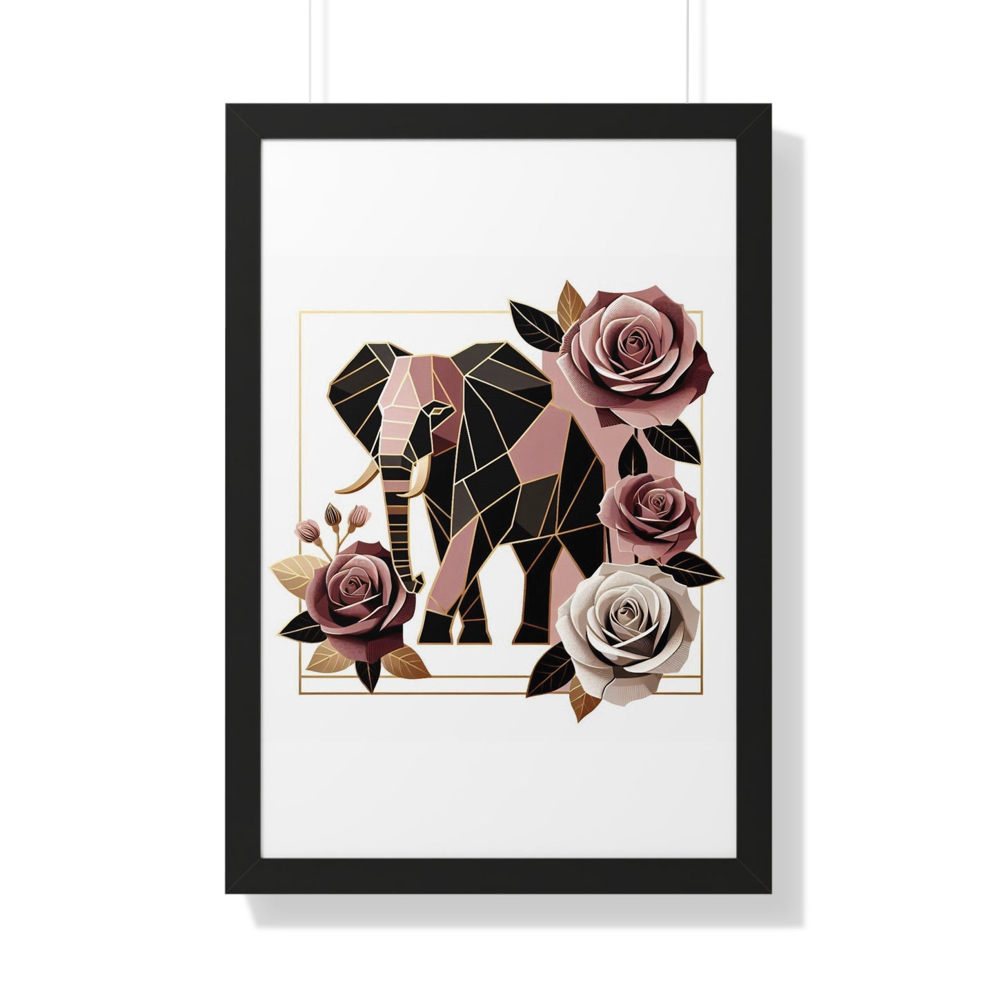 Vertical Poster - Brown & Mauve Elephant & Roses Wall Art