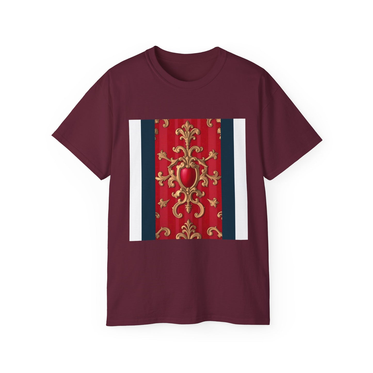 Regal Red Baroque T-Shirt, Artistic Tee, Gift for Art Lovers, Fashionable Statement Shirt, Unique Graphic Top - Blue, Red & White Striped Baroque