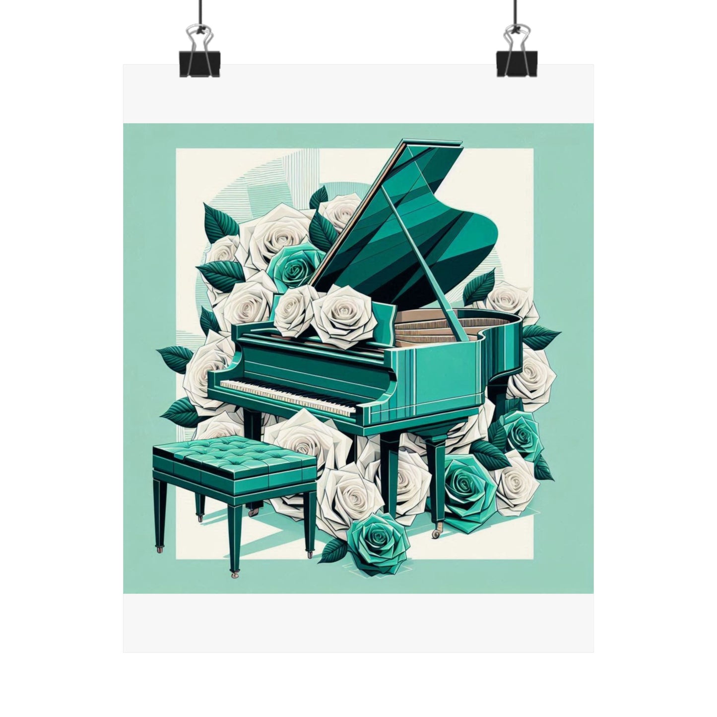 Vertical Poster - Aqua Grand Piano & Roses Design