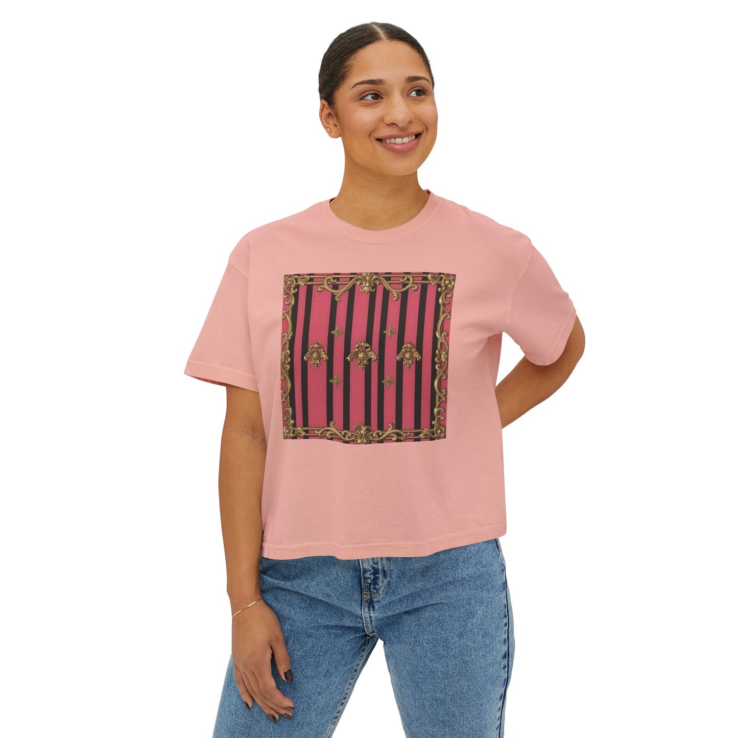 Chic Women's Boxy Tee with Vintage Floral Design, Casual Top, Summer Outfit, Gift for Her, Everyday Wear, Stylish Tee - Pink Striped Gold Rococo