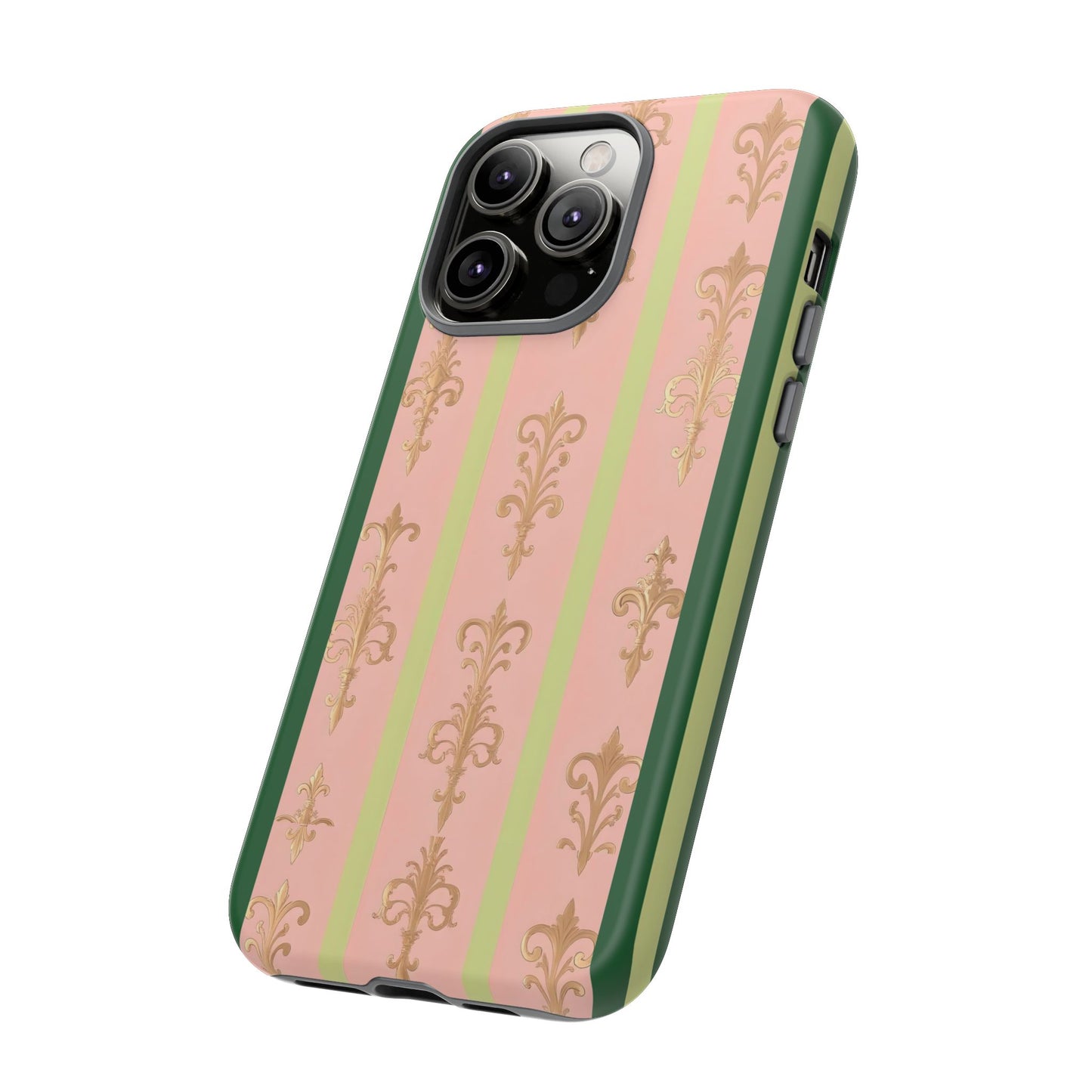 Elegant Floral Motif Phone Case - Tough Cases with Vintage Design - Lime Green & Pink Striped Damask