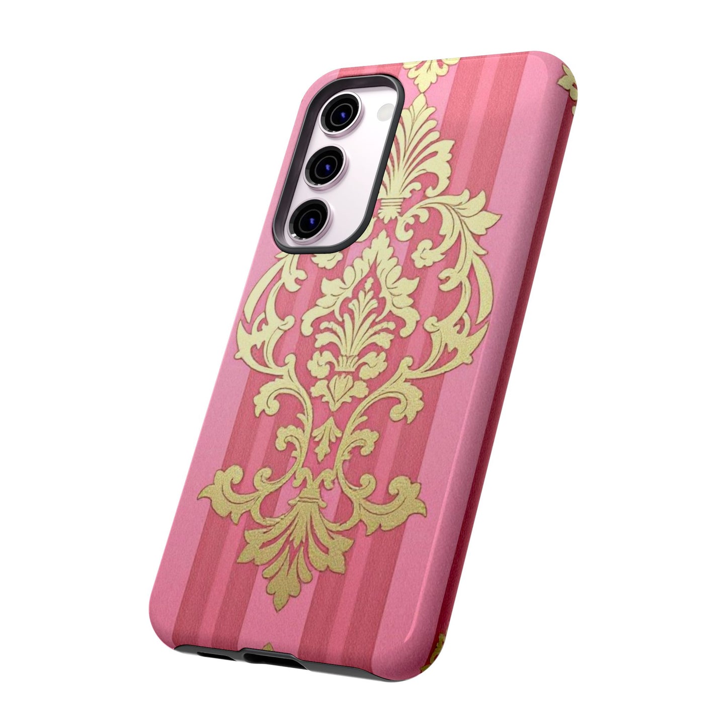 Elegant Floral Motif Phone Case - Tough Cases with Vintage Design - Pink Striped Damask