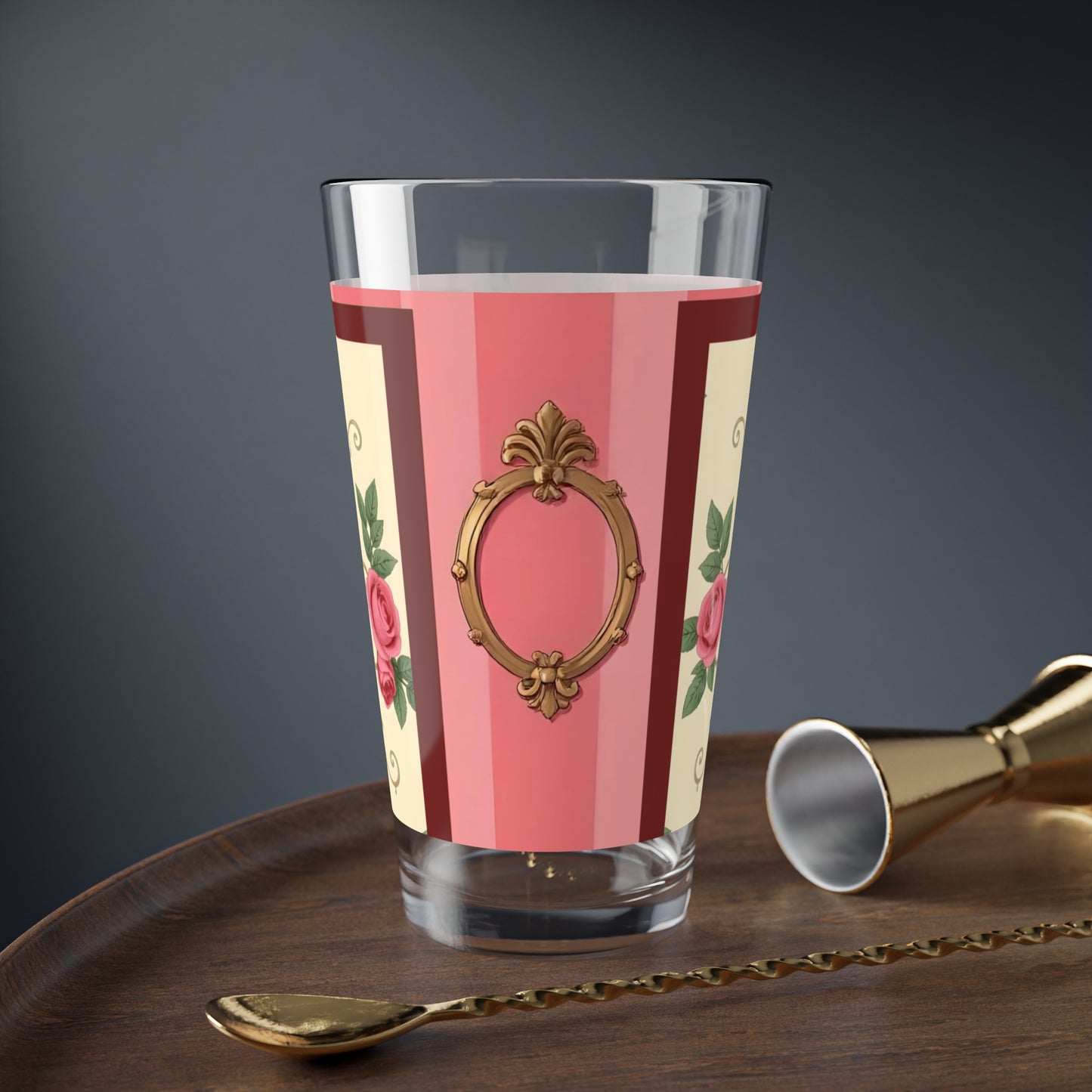 Elegant Floral Mixing Glass - 16oz Cocktail Cup for Home Bar - Pink Striped Baroque & Roses