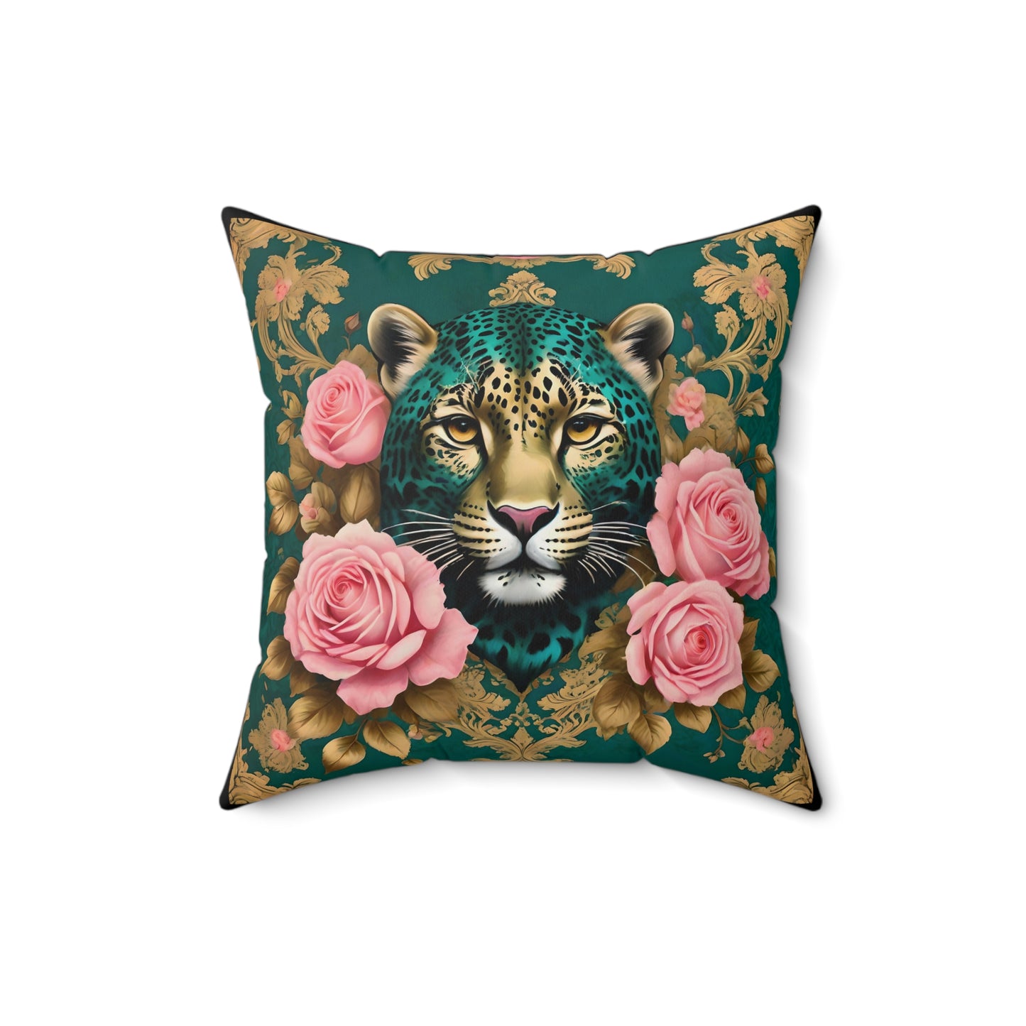 Elegant Luxe Faux Suede Pillow with Leopard and Roses Design - Teal Leopard
