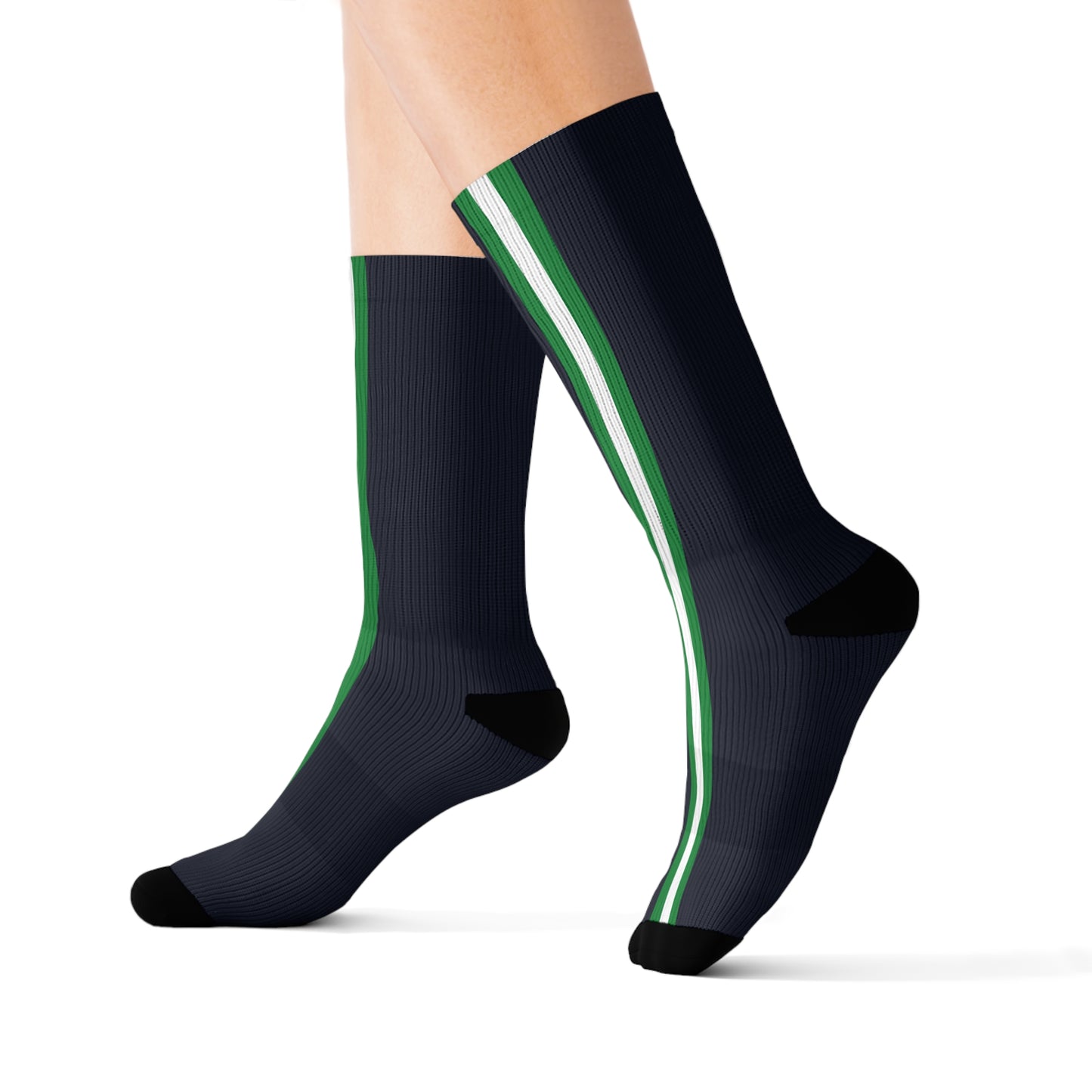 Lunar Midnight & Green-White Striped Customizable Sublimation Socks | Stylish, Fun Gift for Sports Lovers, Unique Sock Gift, Everyday Wear