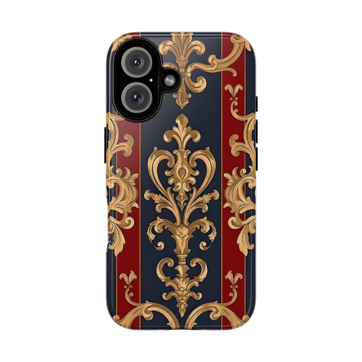 Elegant Floral Motif Phone Case - Tough Cases with Vintage Design - Midnight Blue & Dusk Red Striped Gold Damask