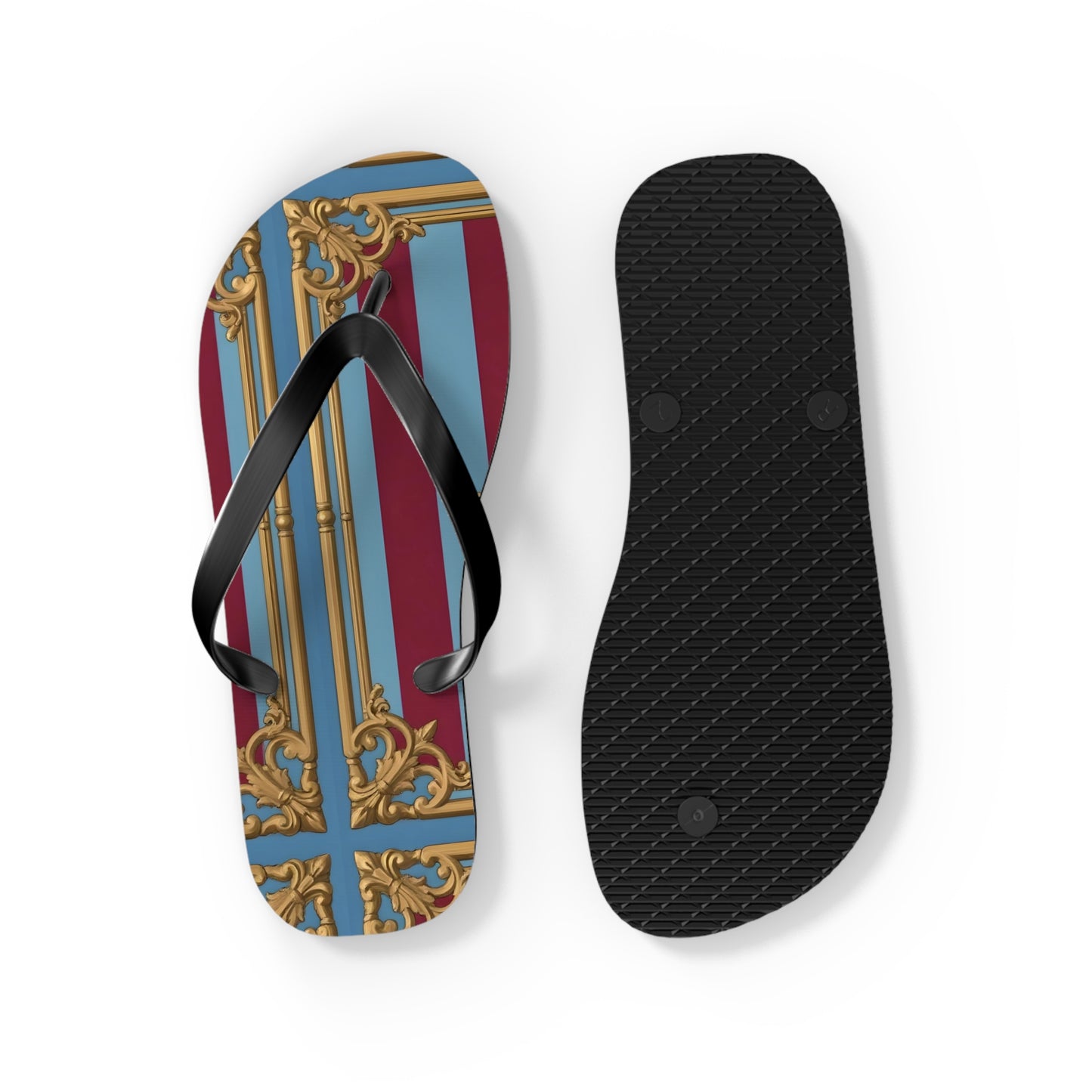 Ornate Design Flip Flops, Elegant Summer Sandals, Beach Vacation Footwear, Perfect for Weddings - Sky Blue & Maroon Striped Baroque